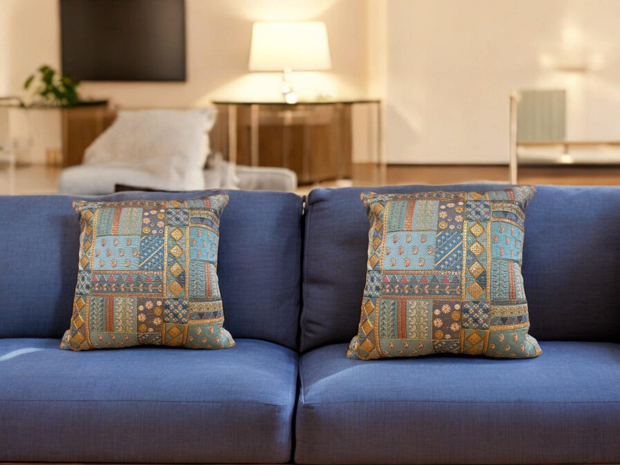 Silk Cushion or Pillow Cover with Heavy Traditional Indian Thread Work, Set of 2