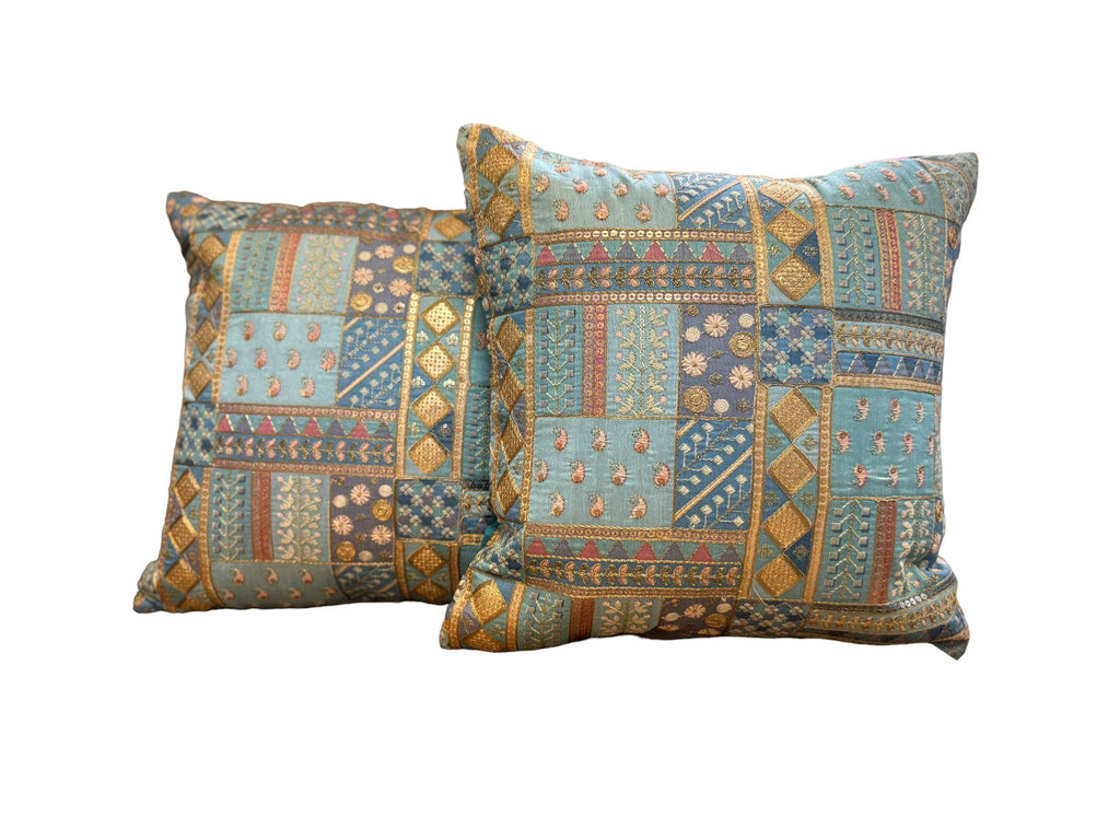 Silk Cushion or Pillow Cover with Heavy Traditional Indian Thread Work, Set of 2