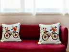 Satin Cushion or Pillow Cover with Cycle Embroidery & Satin Pompom on Sides, Set of 2