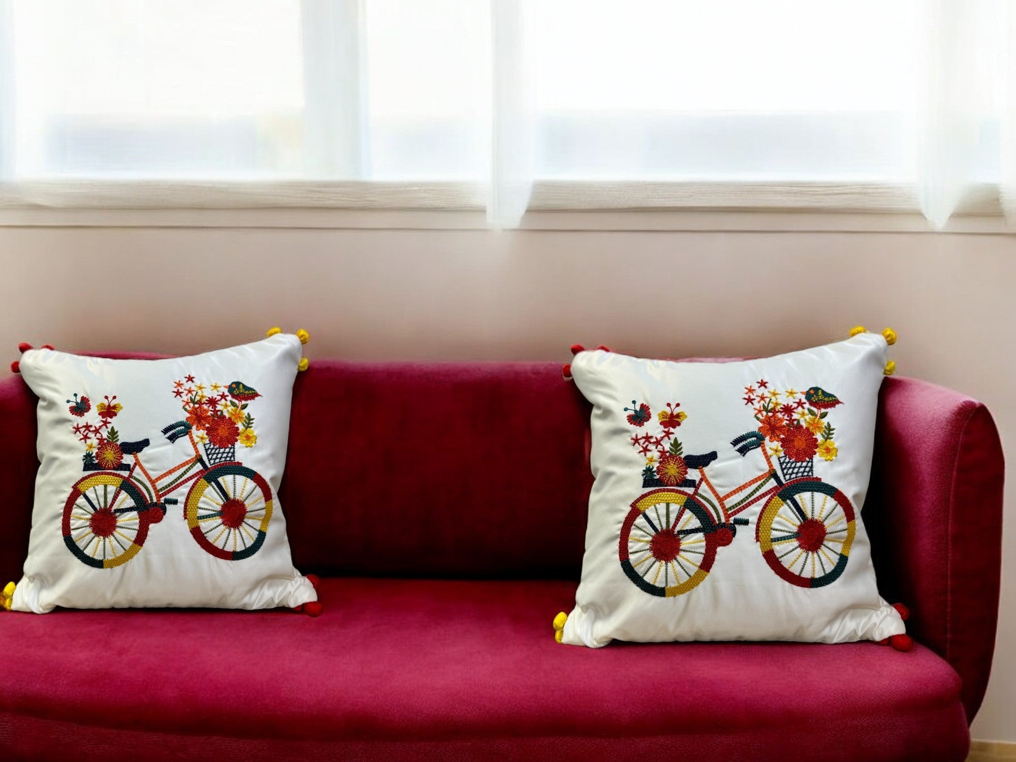 Satin Cushion or Pillow Cover with Cycle Embroidery & Satin Pompom on Sides, Set of 2
