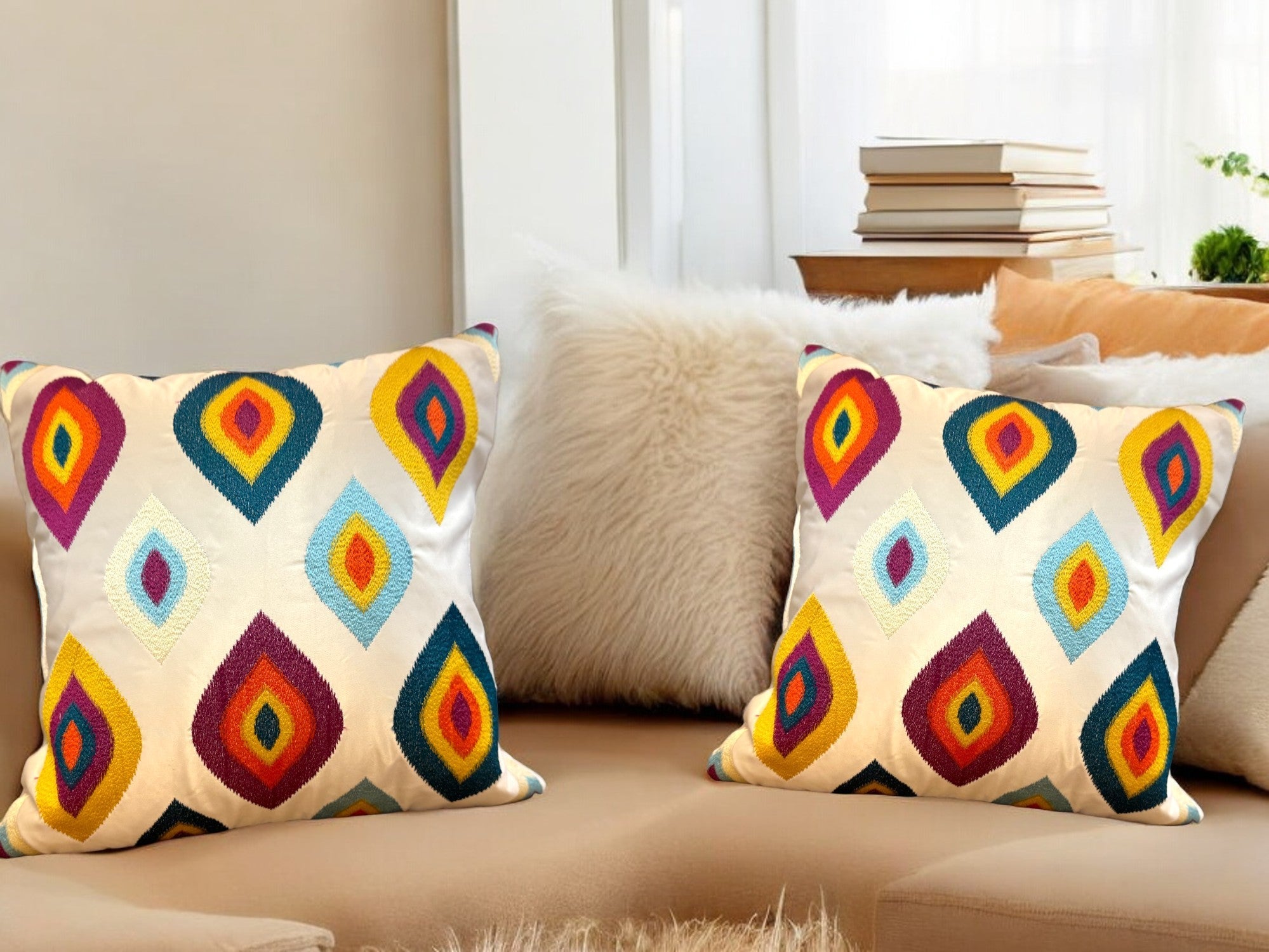 Satin Cushion or Pillow Cover with Eye Embroidery, Set of 2
