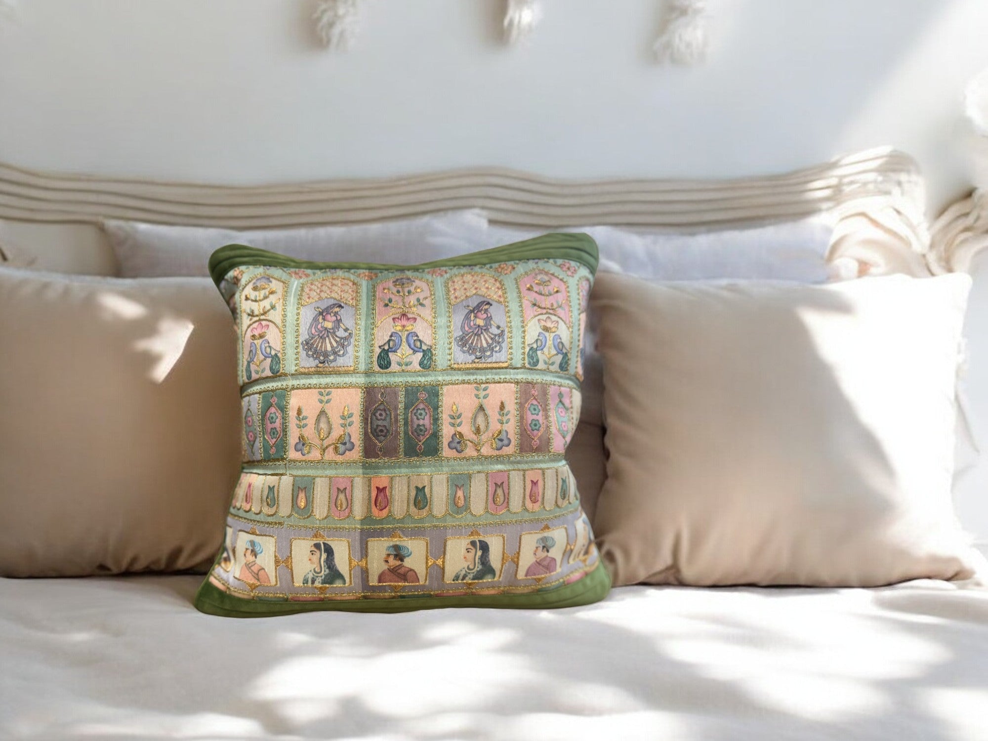 Velvet & Silk Mixed Cushion or Pillow Cover with Raja Rani Thread Work, Set of 1