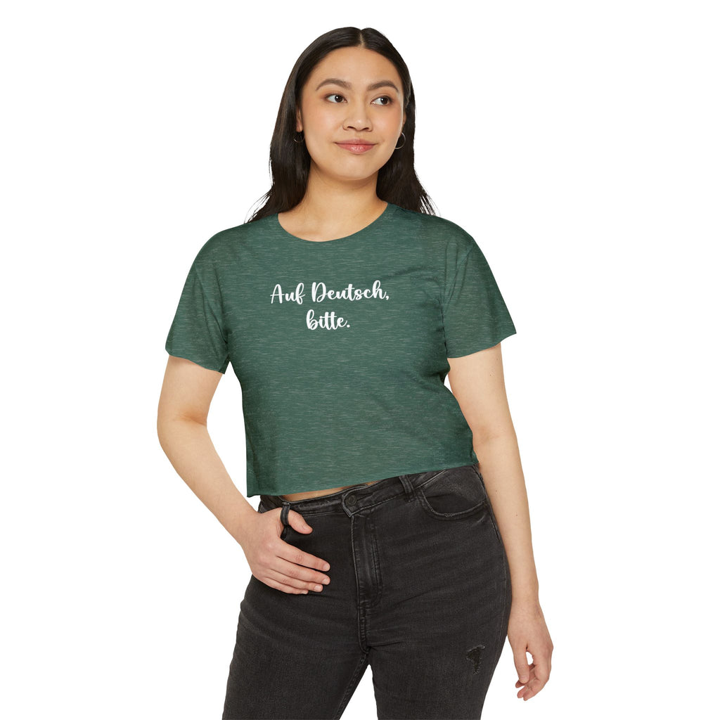 Auf Deutsch, bitte script crop top, German phrase tee, minimalist typography