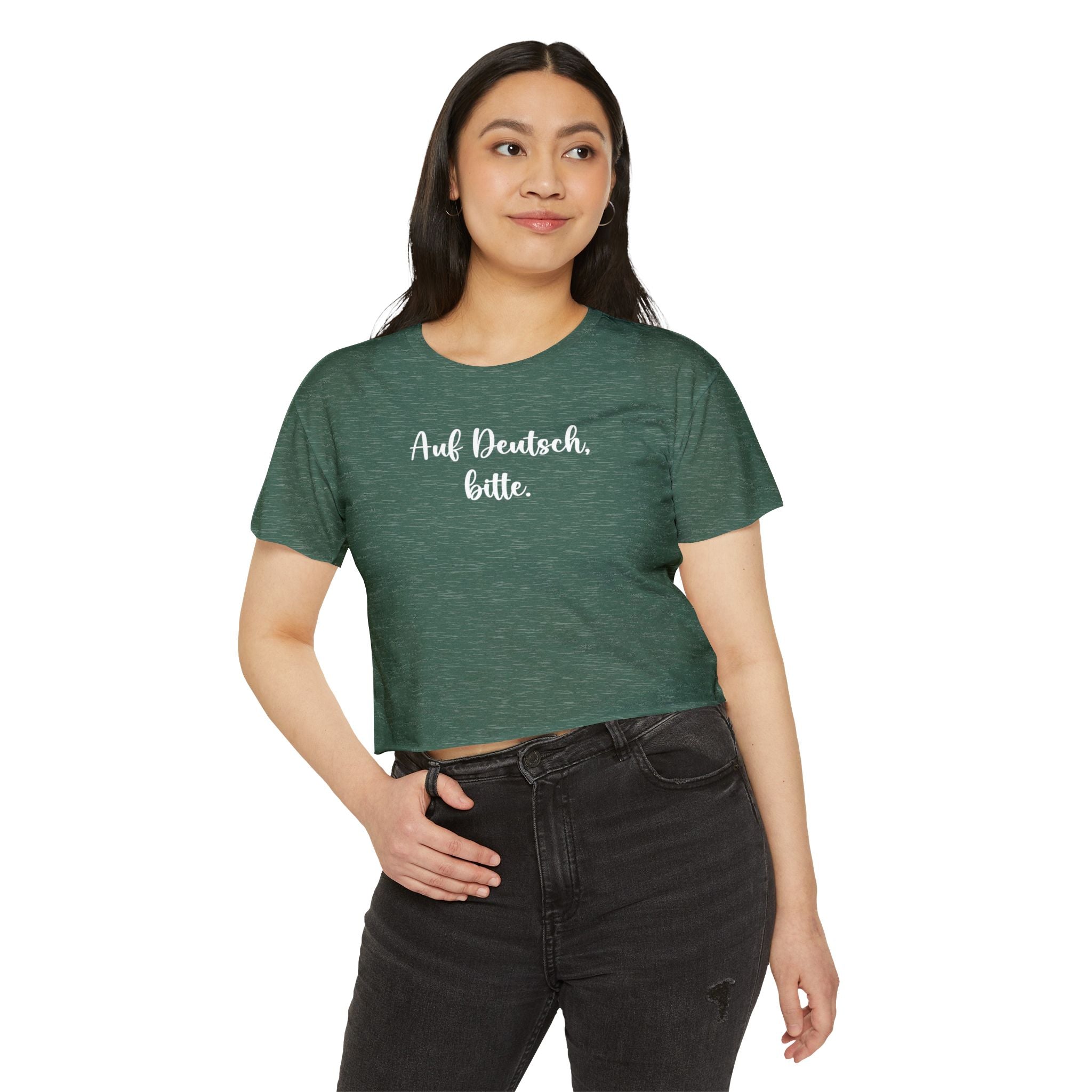 Auf Deutsch, bitte script crop top, German phrase tee, minimalist typography