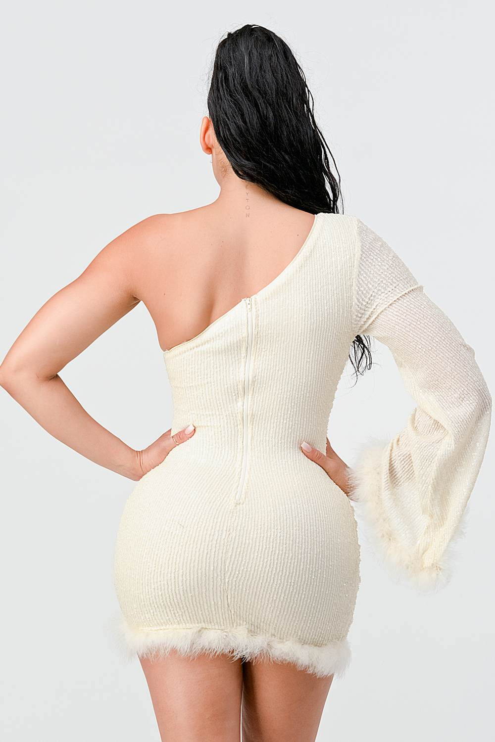 LUX FUR TRIM SEQUINS KIMONO SLEEVES ONE SHOULDER BODYCON MINI DRESS