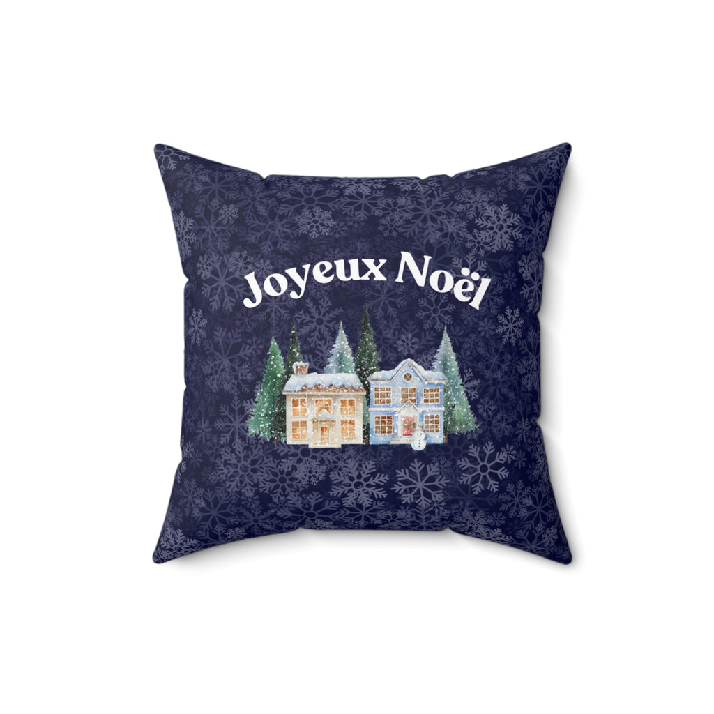 Joyeux Noël dark blue Holiday Throw Pillow, Festive Winter Village Décor with snowflake print and cozy winter theme