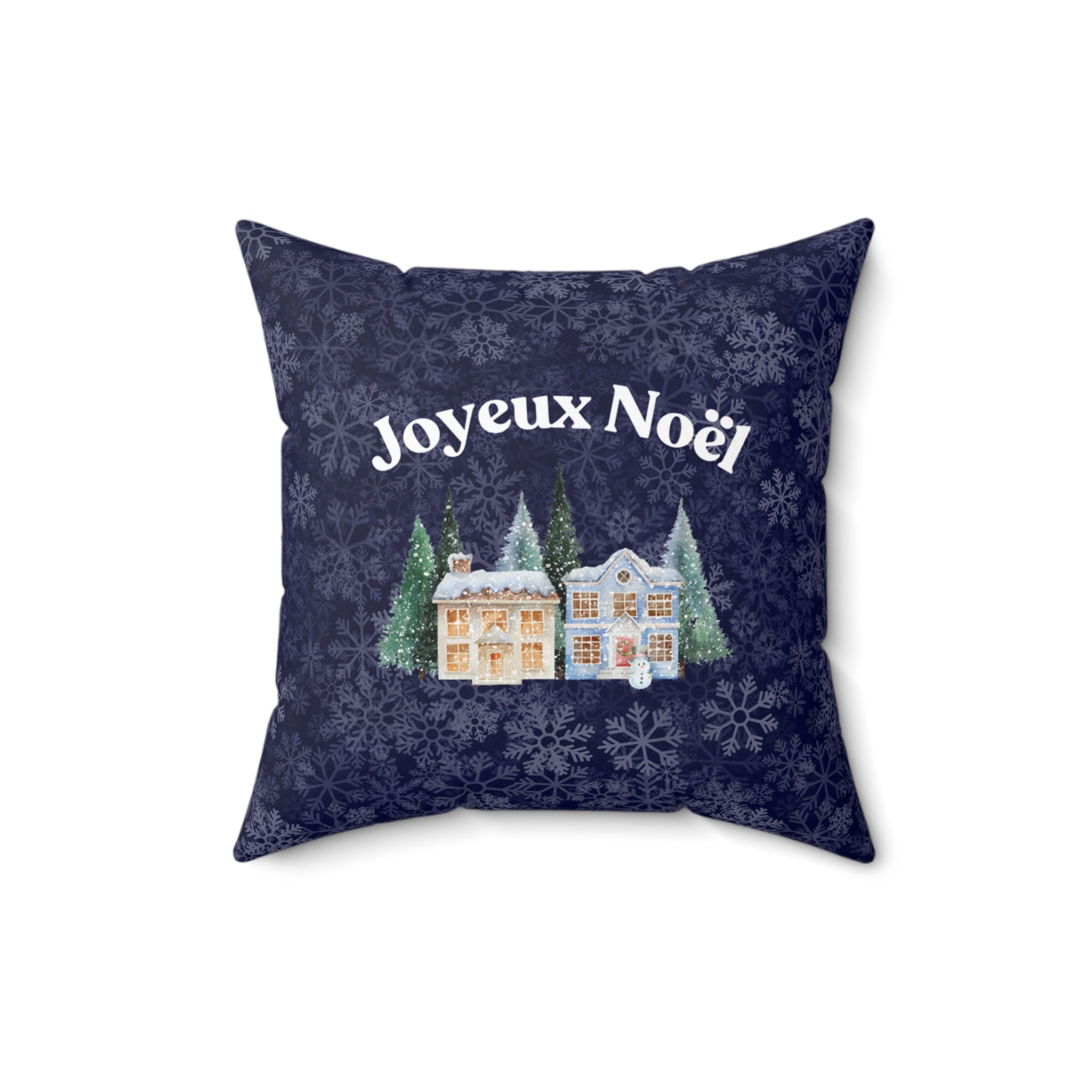 Joyeux Noël dark blue Holiday Throw Pillow, Festive Winter Village Décor with snowflake print and cozy winter theme