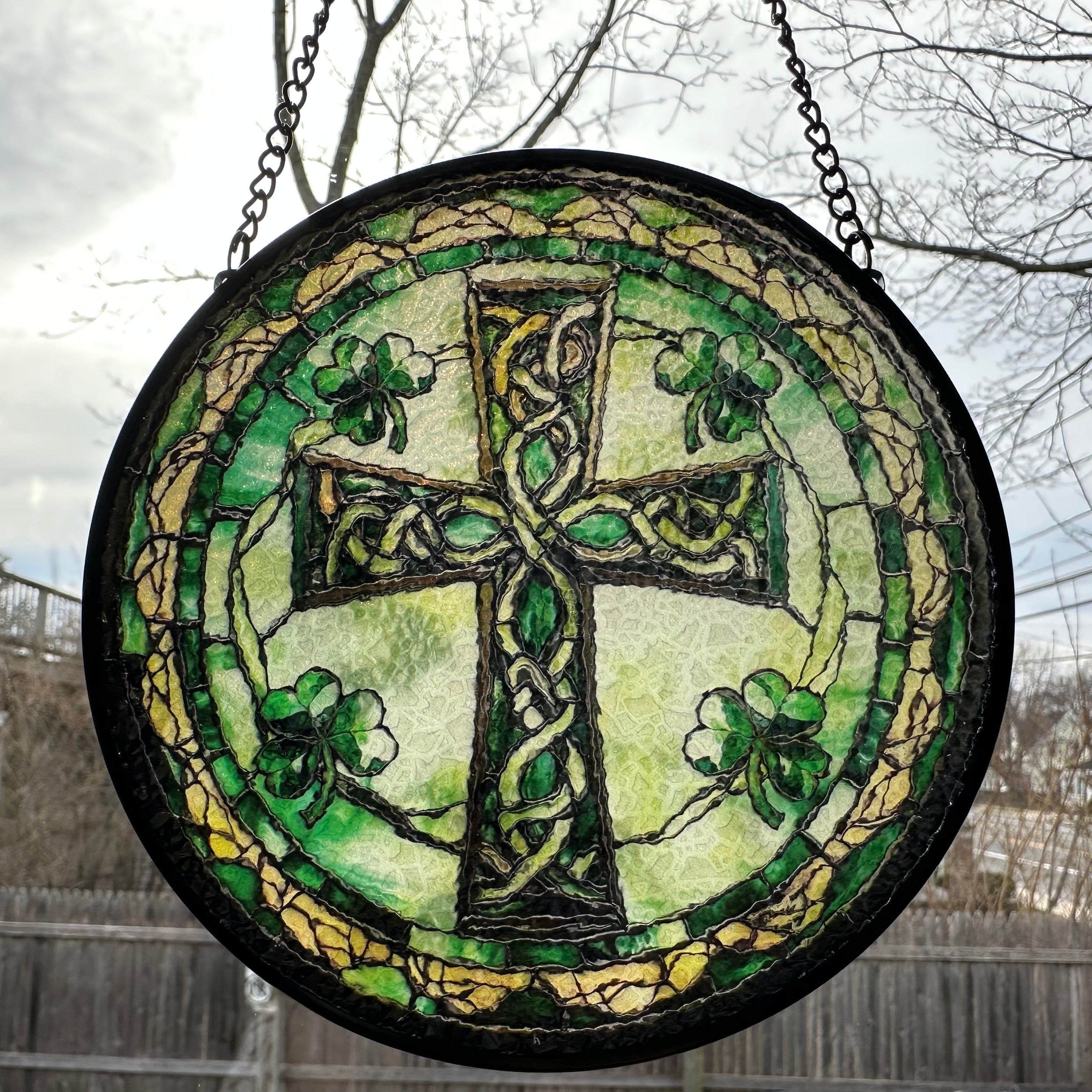 Irish Shamrock Celtic Cross Stained Glass Gift