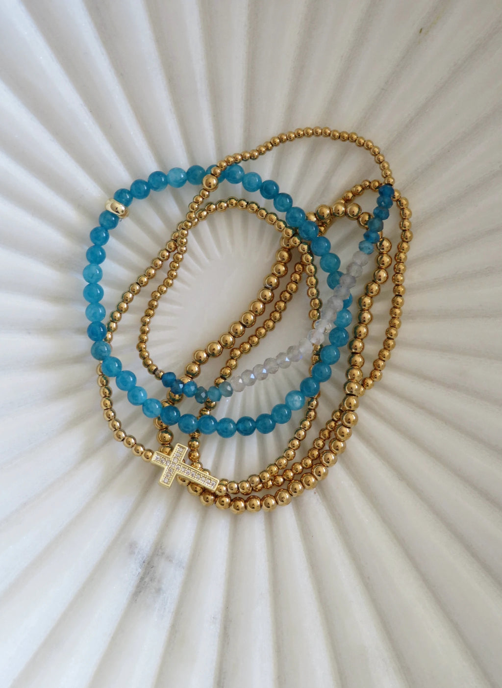 Holy Cross Blue Beaded Bracelet Stack - Set of 5 Waterproof Non-Tarnish by Curated By Suarez