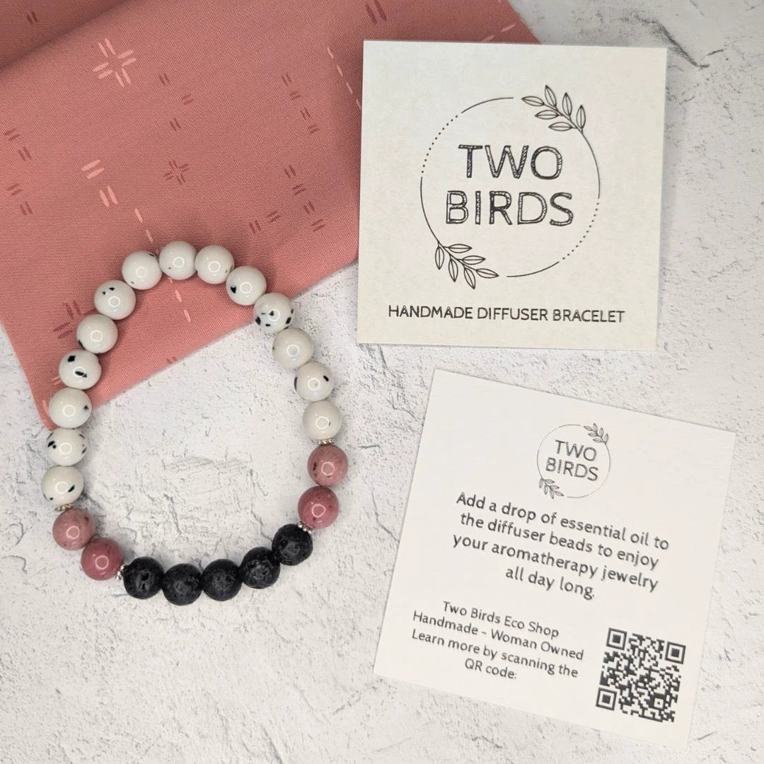 Gemstone Diffuser Bracelet - Dalmatian Jade + Pink Rhodonite + Lava Rock by Two Birds Eco Shop