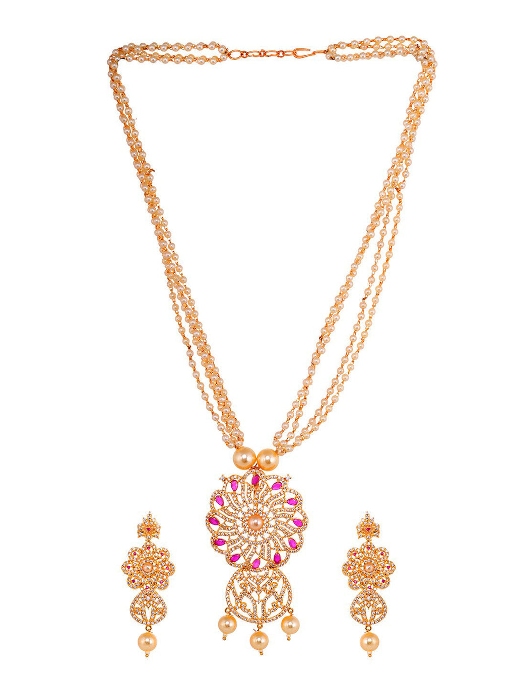 Saraf RS Jewellery Gold-Polished White & Pink American Diamond Studded & Beaded Handcrafted Set