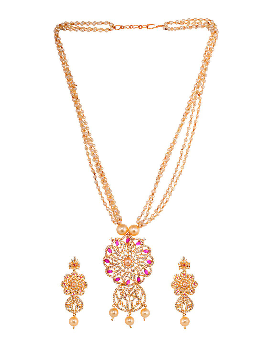 Saraf RS Jewellery Gold-Polished White & Pink American Diamond Studded & Beaded Handcrafted Set