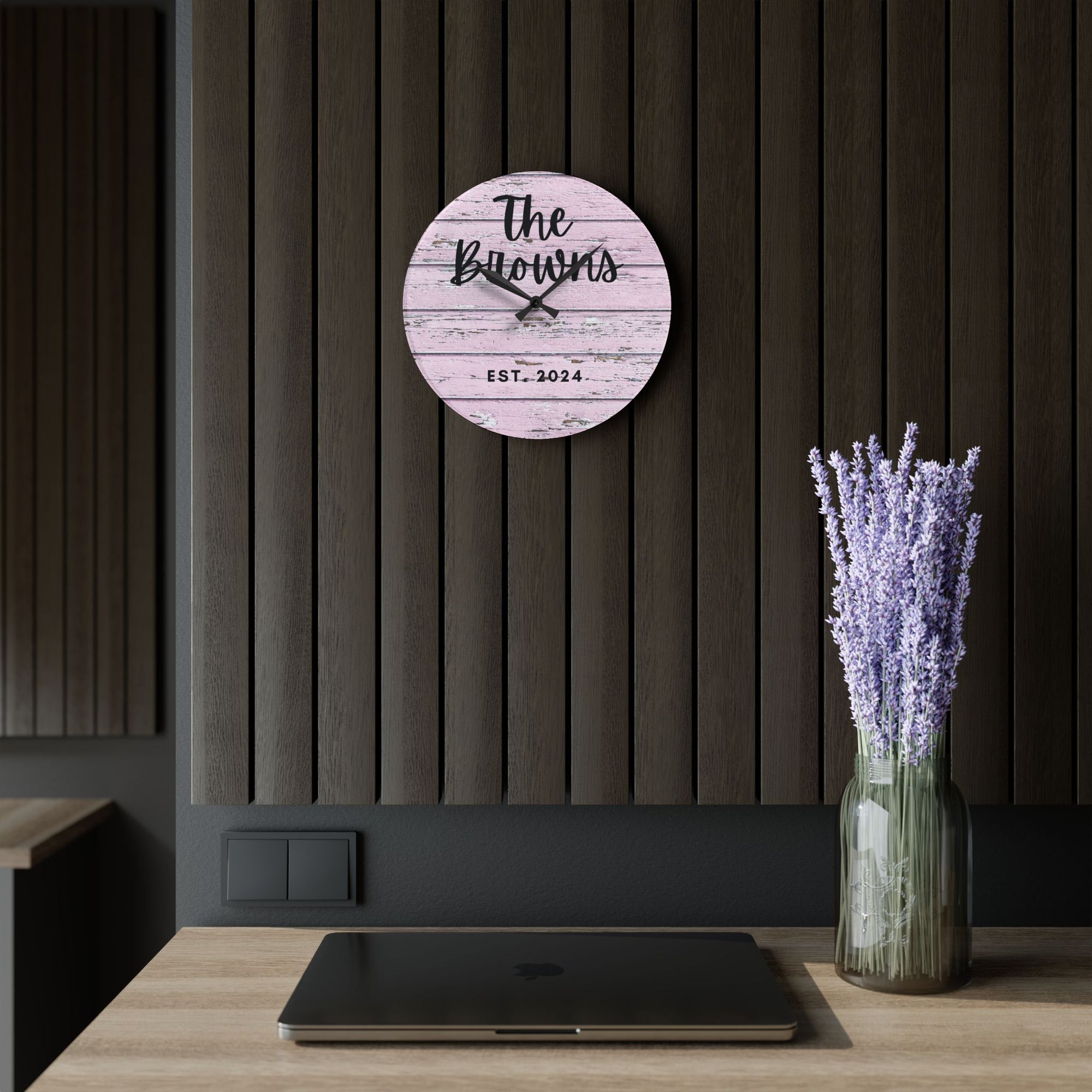 Custom pink rustic Acrylic Wall Clock, Personalized family name