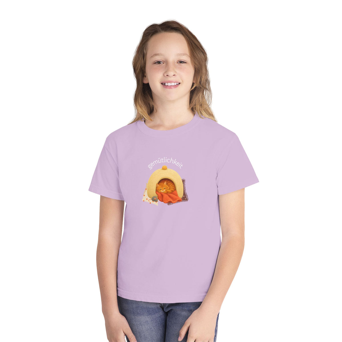 Gemütlichkeit Cozy Cat Youth Tee – German-Inspired Kids Graphic Shirt