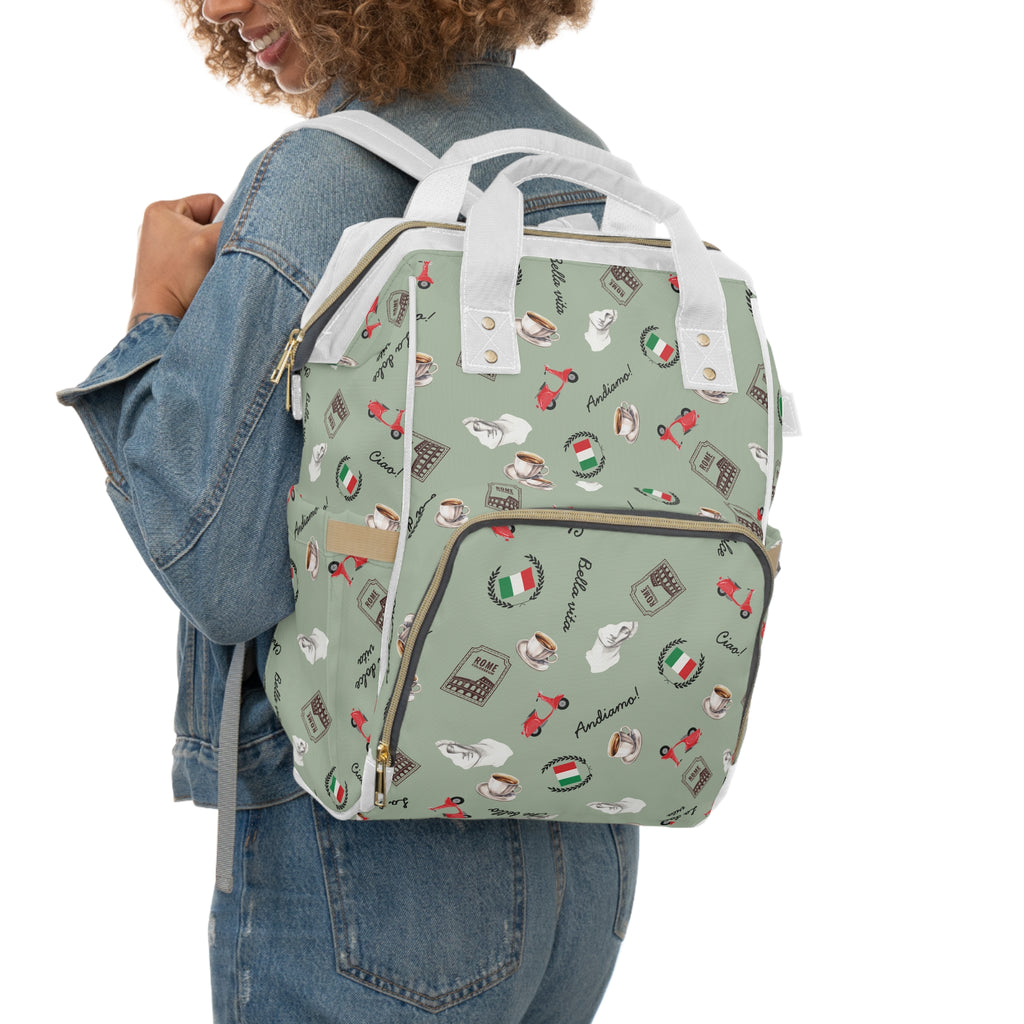 Italian chic Pattern Diaper Backpack with espresso, scooter, Italian flag, and Italian phrases