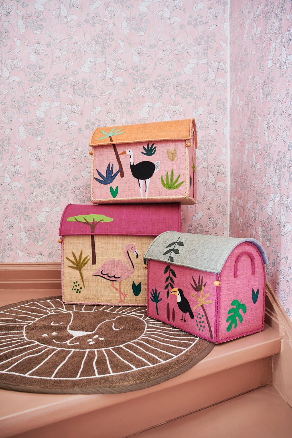 Raffia Storage Baskets with Jungle Pink Theme - Set of Three