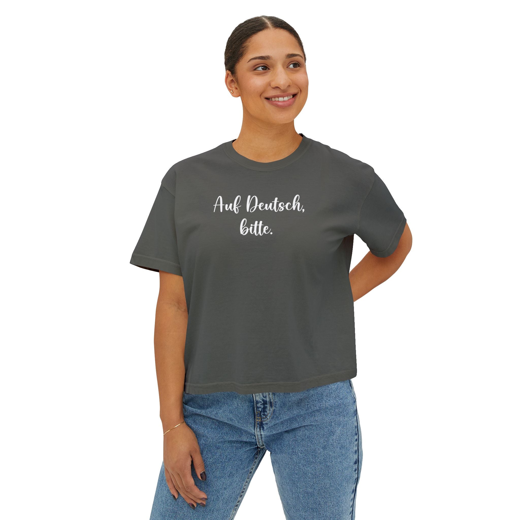 Auf Deutsch bitte Boxy Tee, German Phrase Shirt, Cropped White Tee