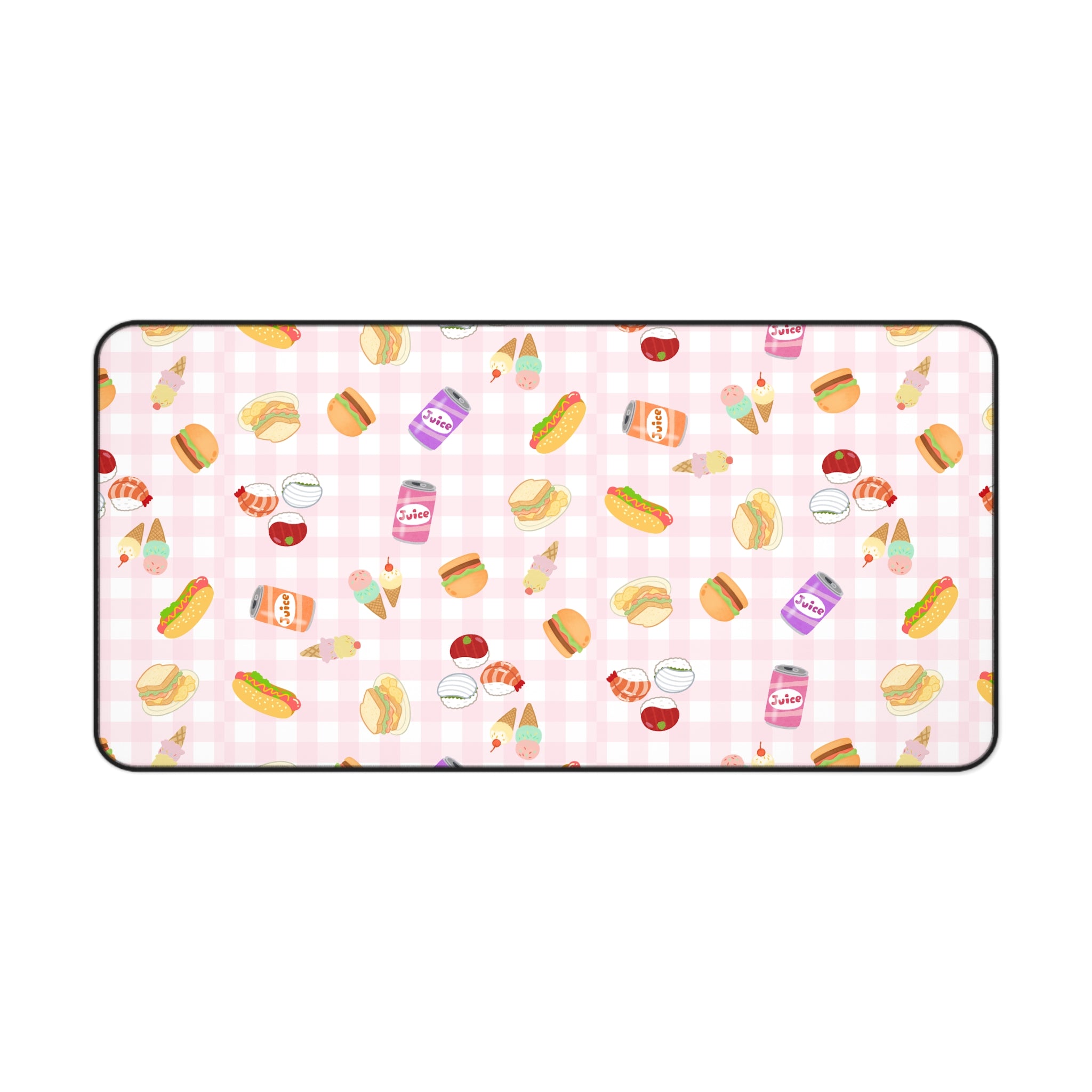 Pink gingham Foodie Picnic Snacks Desk Mat, Cute Food Pattern, light plaid Background