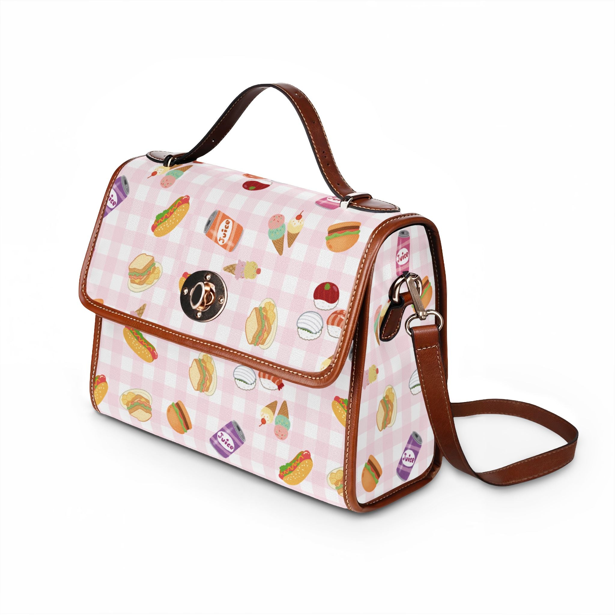 Foodie Picnic Snacks pink gingham Pattern Waterproof Canvas purse with top handle and shoulder strap, vegan leather foodie accessory