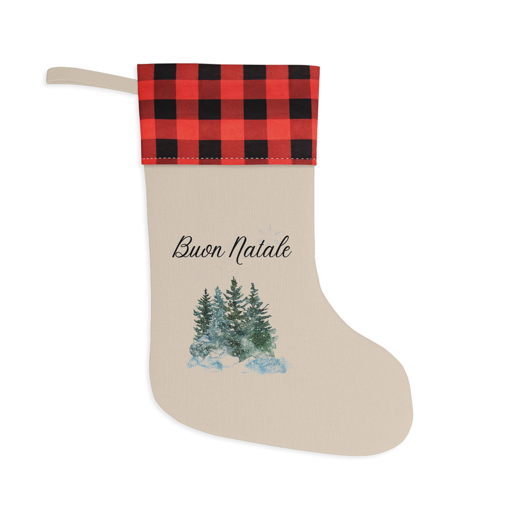 Buon Natale Italian Merry Christmas Pine Trees Christmas Stocking, Plaid Cuff, Holiday Stocking