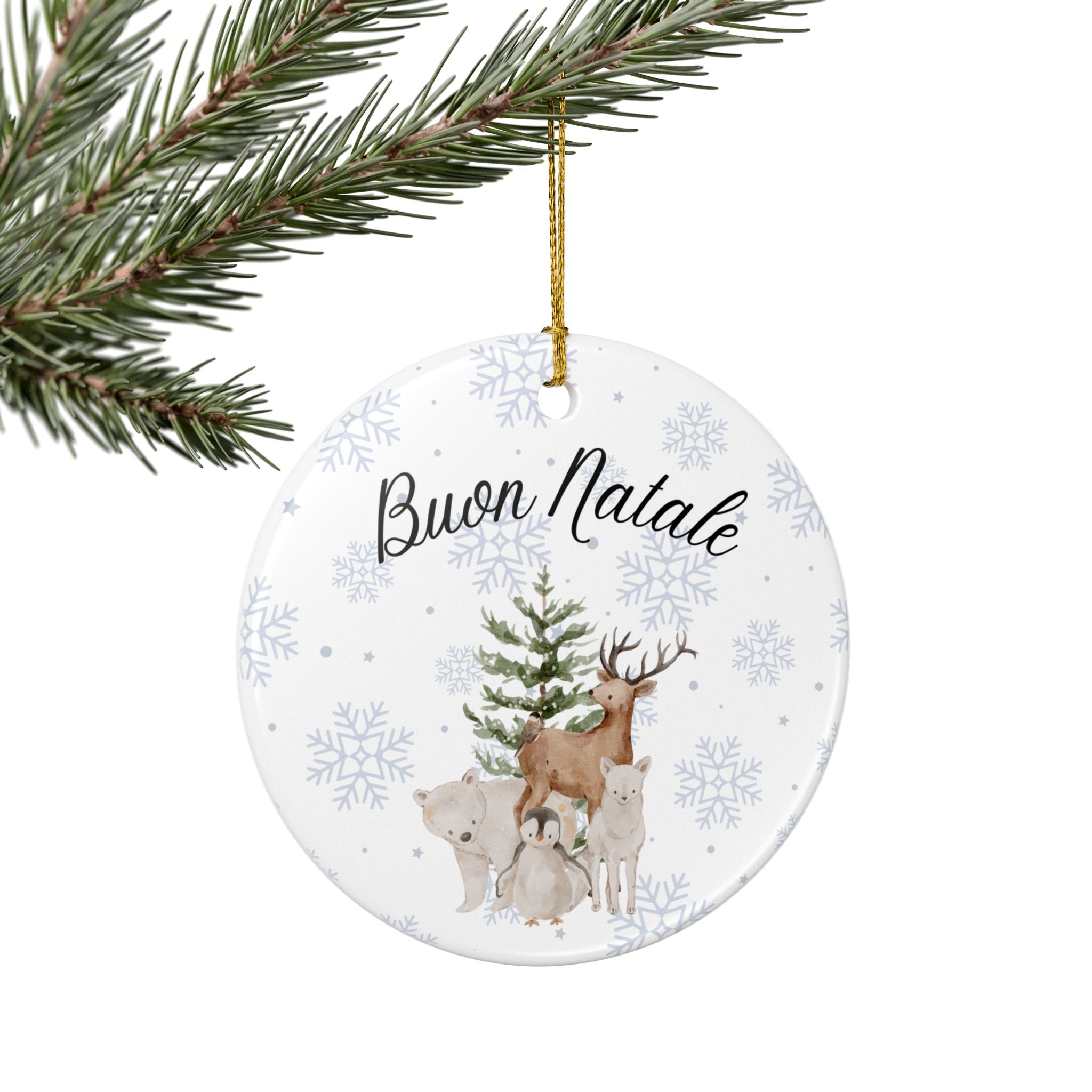 Buon Natale Woodland Animals Ceramic Ornament, Christmas Snowflake Decor