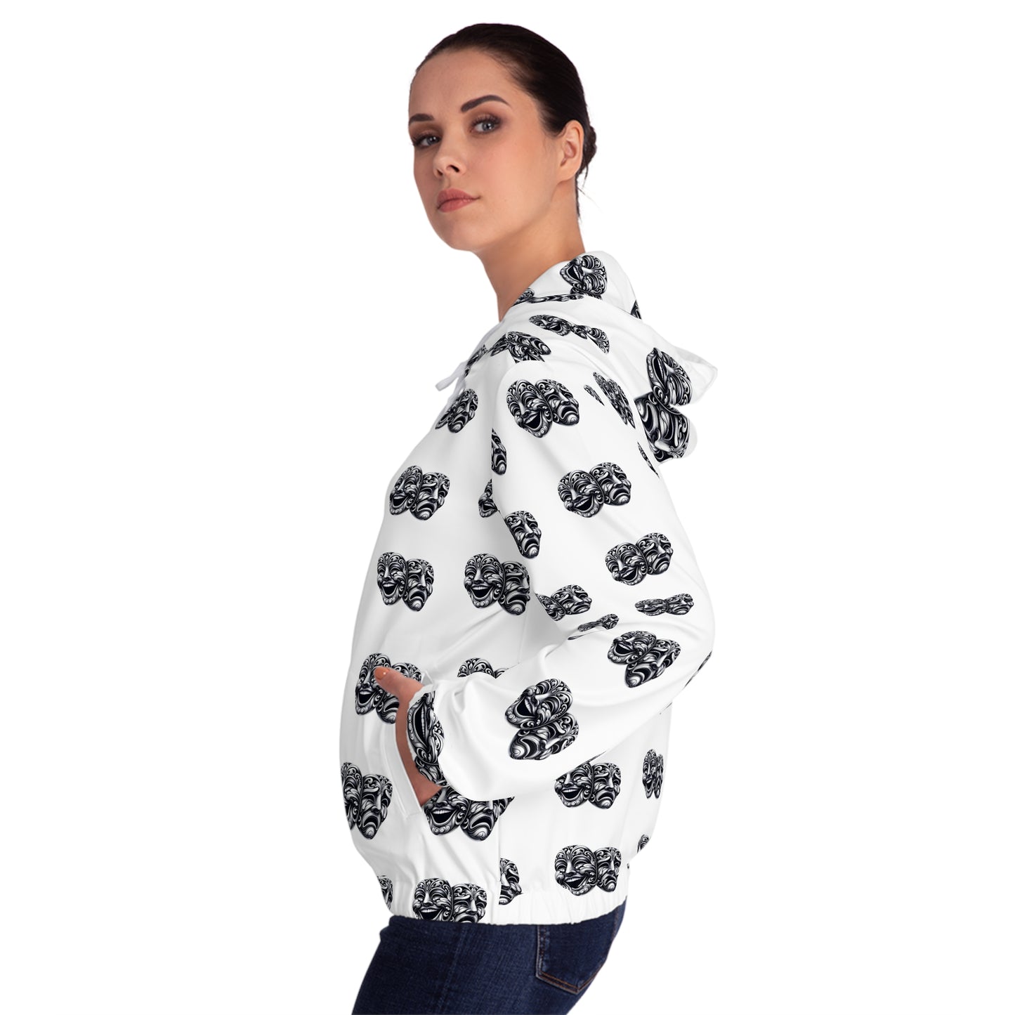 Sweat à capuche entièrement zippé avec motifs de masques de théâtre