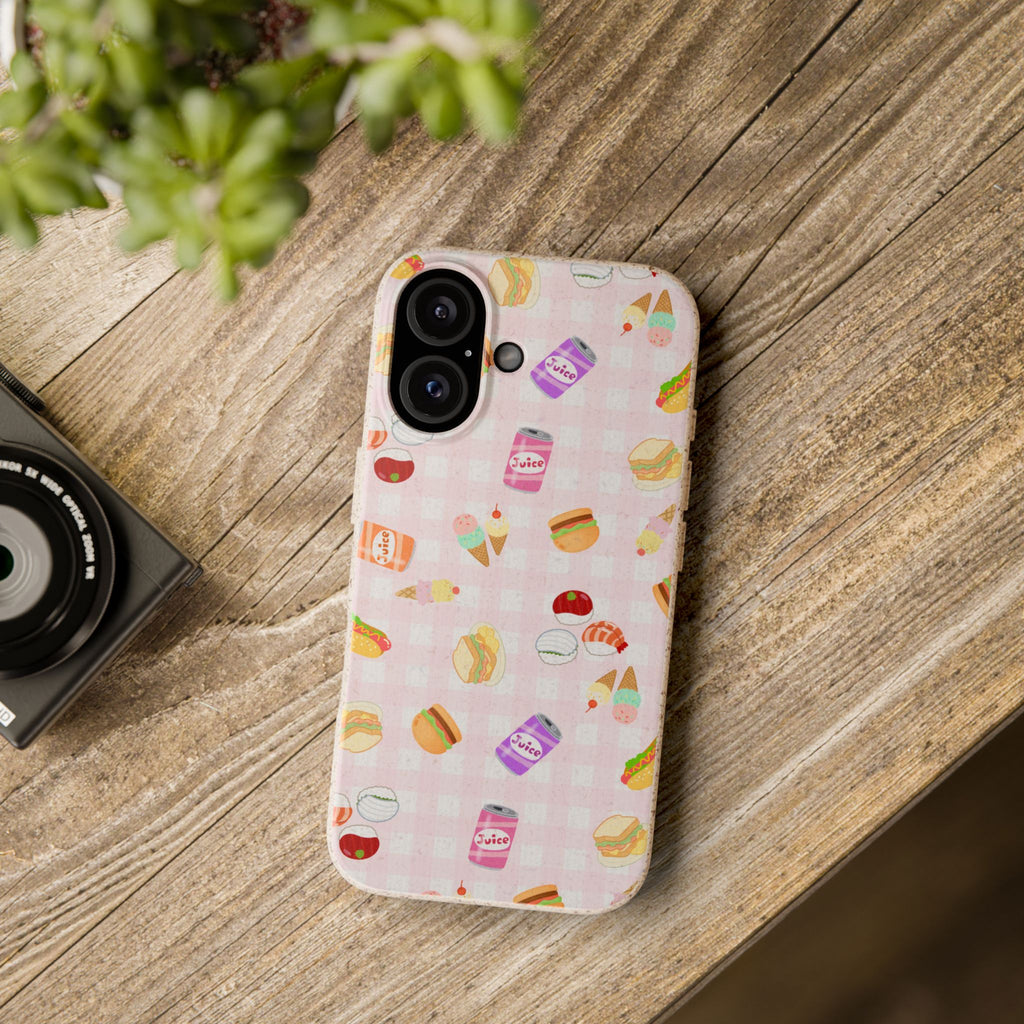 Kawaii foodie picnic eco Biodegradable Phone Case — Pink Picnic Snack Pattern Eco-Friendly iPhone Cover