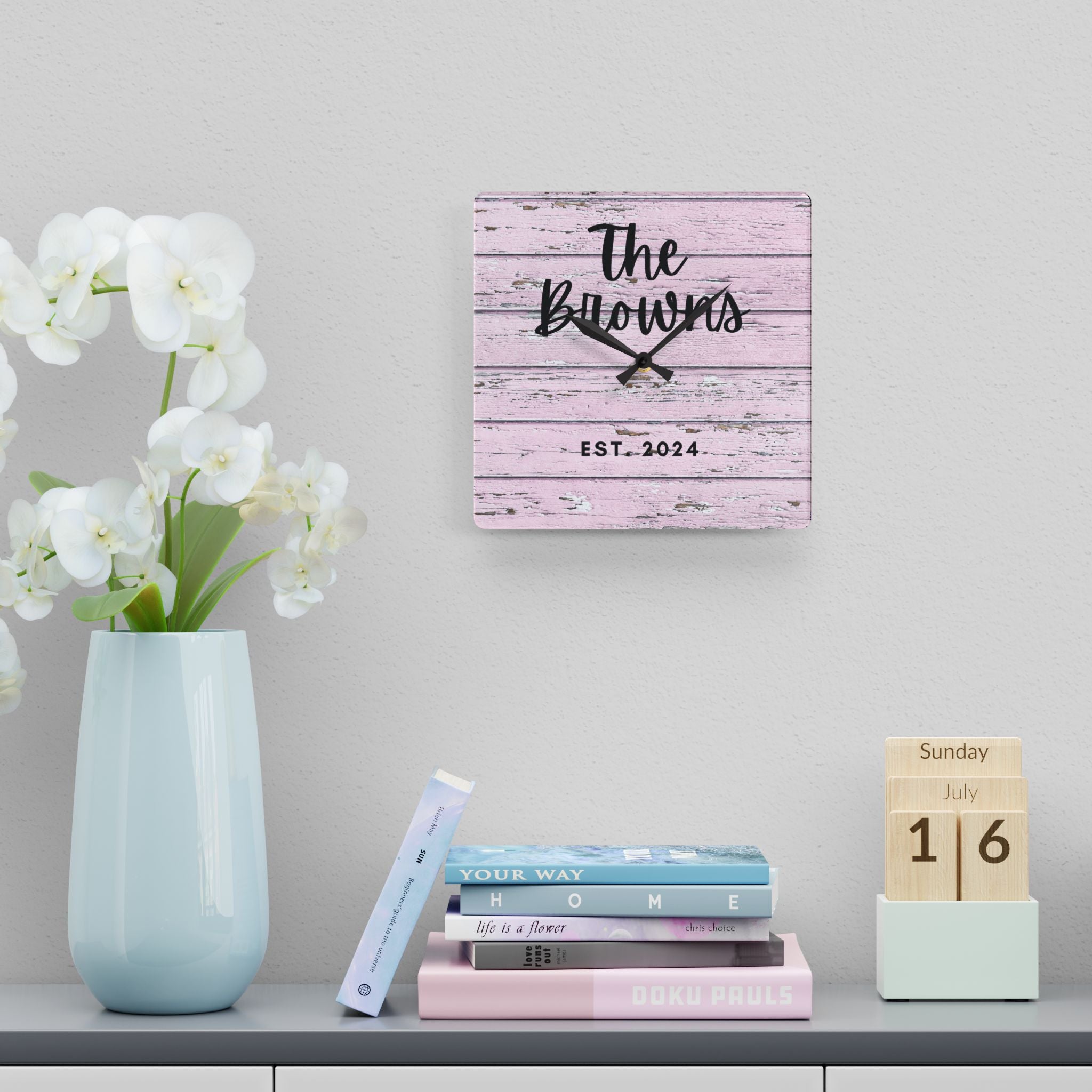 Custom pink rustic Acrylic Wall Clock, Personalized family name