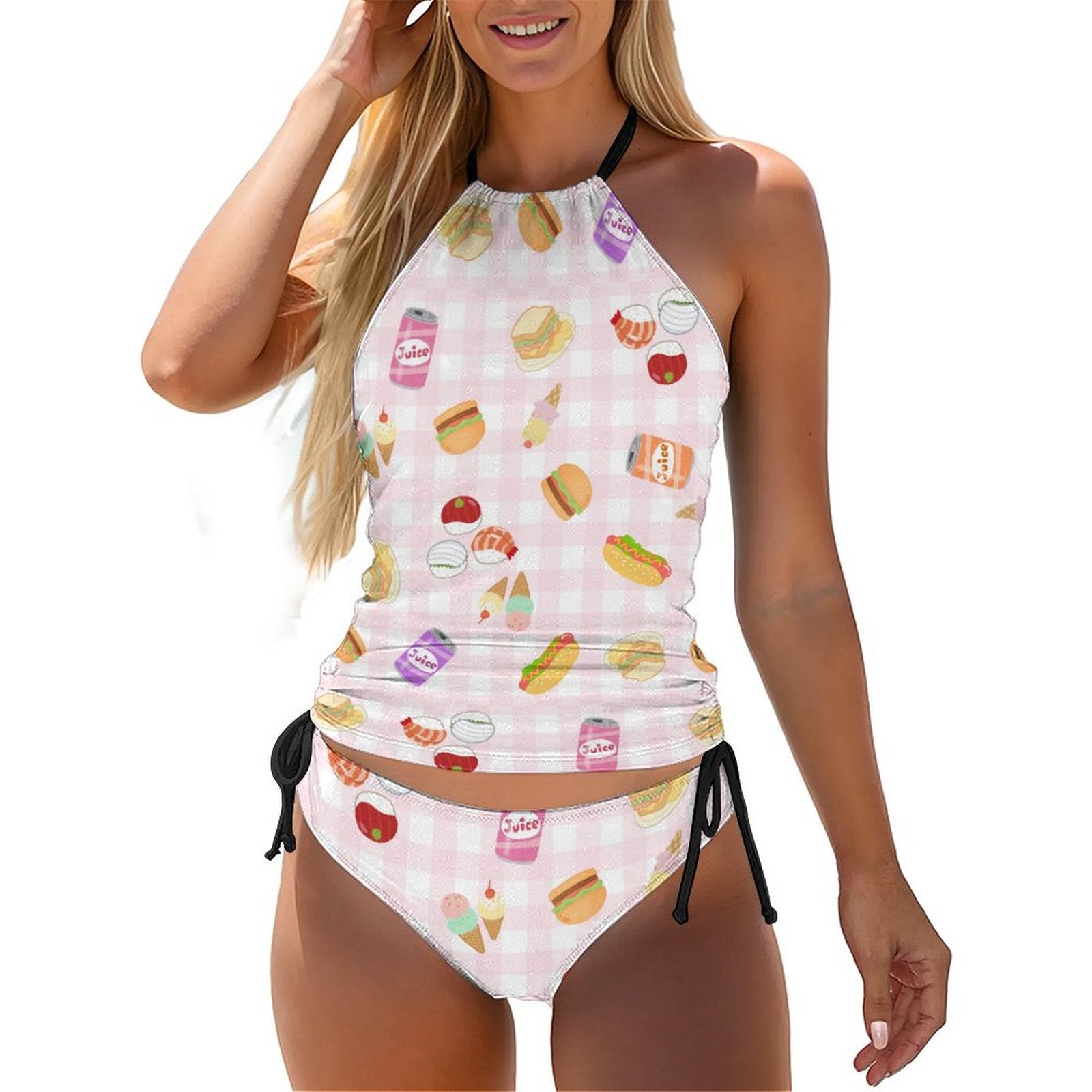 Pink gingham foodie print 2-Piece Women's Tankini Set with High Neck Halter Top with juice cans, sushi, hot dogs and hamburgers