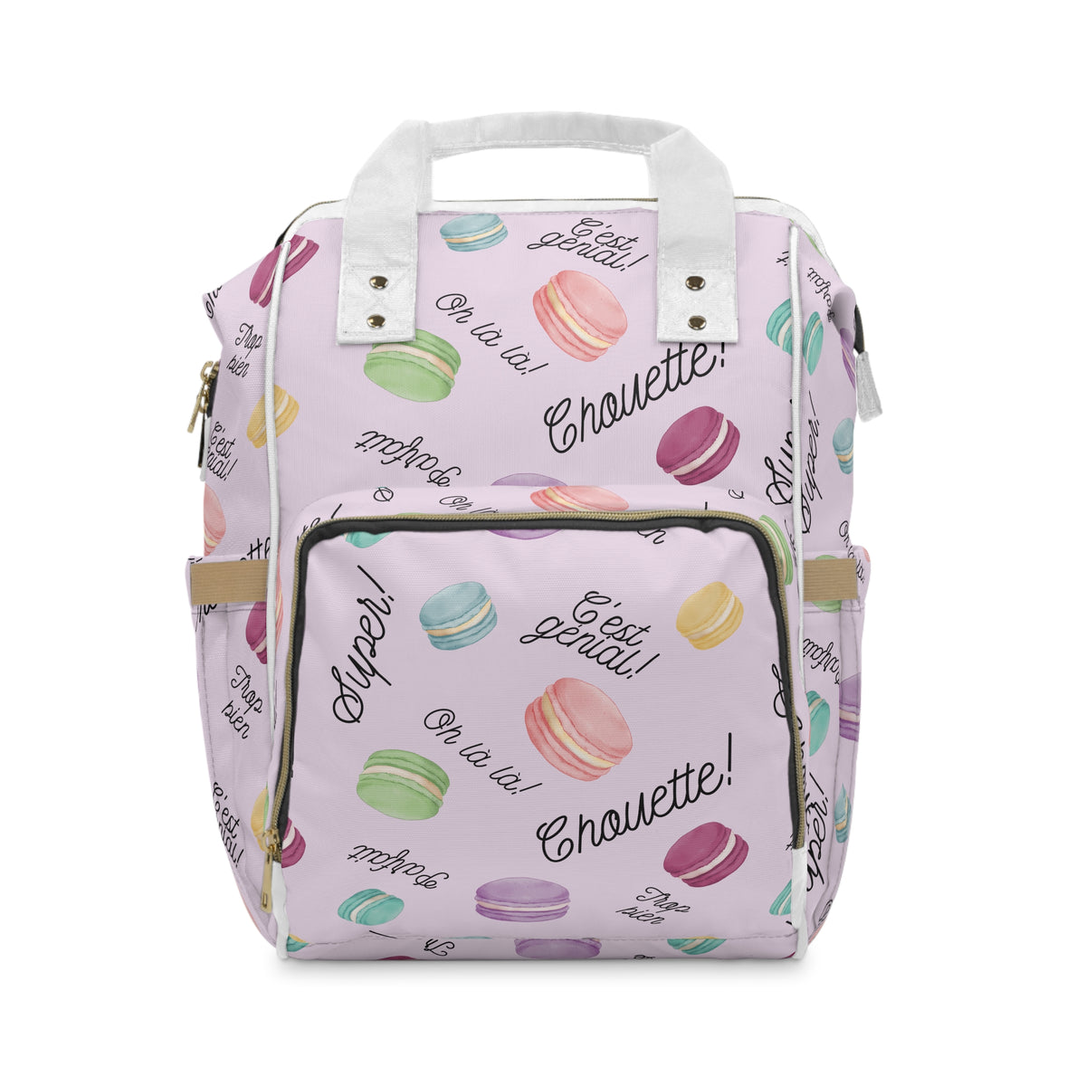 Pastel French Macarons Print Diaper Backpack with French phrases, Cute Pastel Baby Bag for New Parents