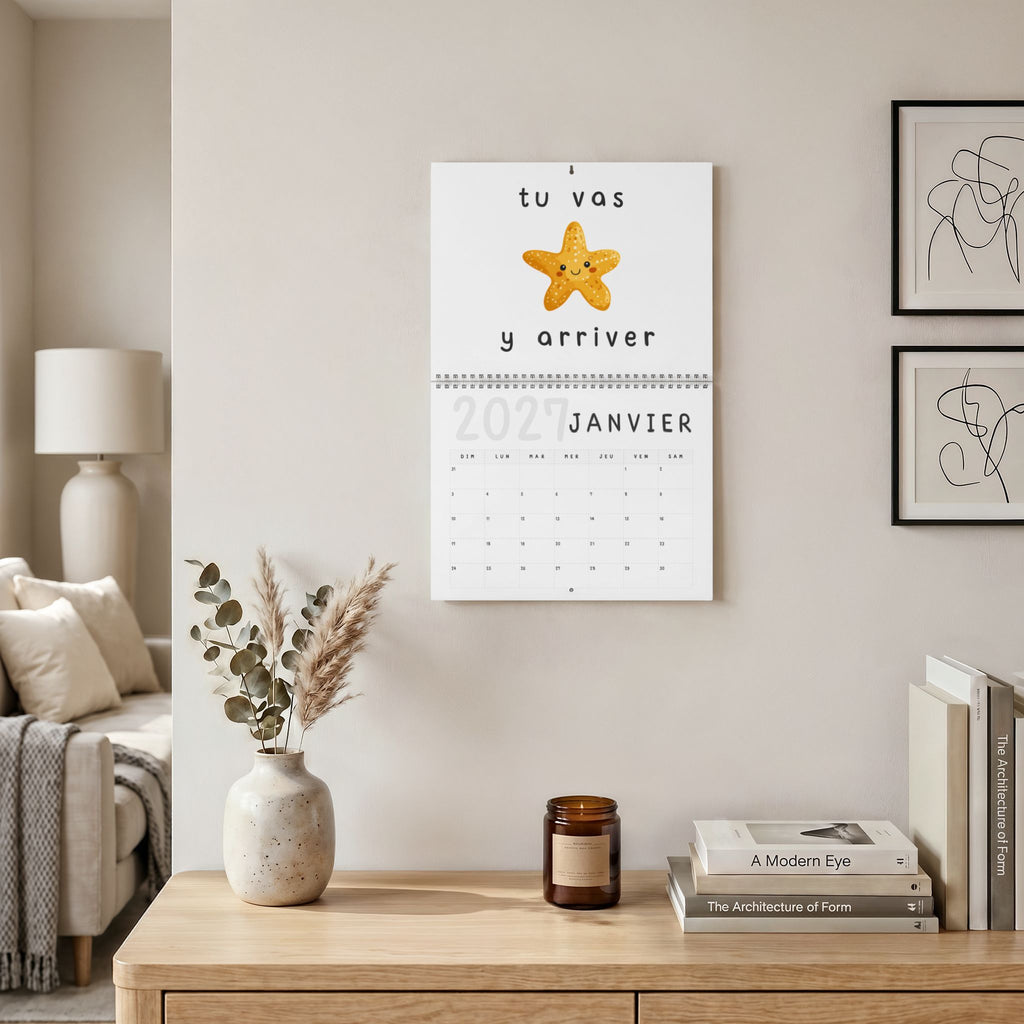 French motivational phrases kawaii Monthly Wall Calendar 2027, Cute Encouragement Calendar