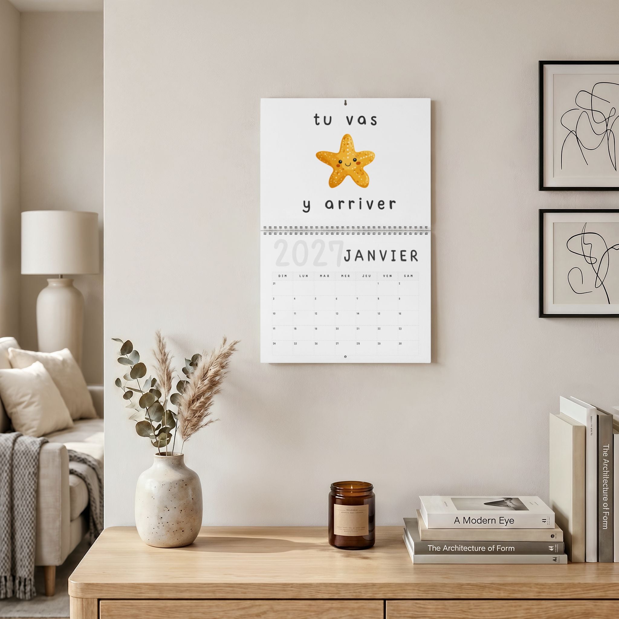 French motivational phrases kawaii Monthly Wall Calendar 2027, Cute Encouragement Calendar