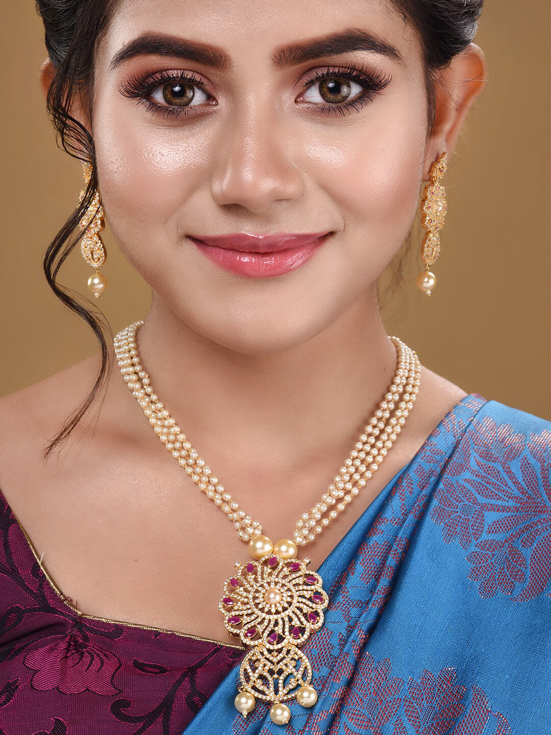 Saraf RS Jewellery Gold-Polished White & Pink American Diamond Studded & Beaded Handcrafted Set