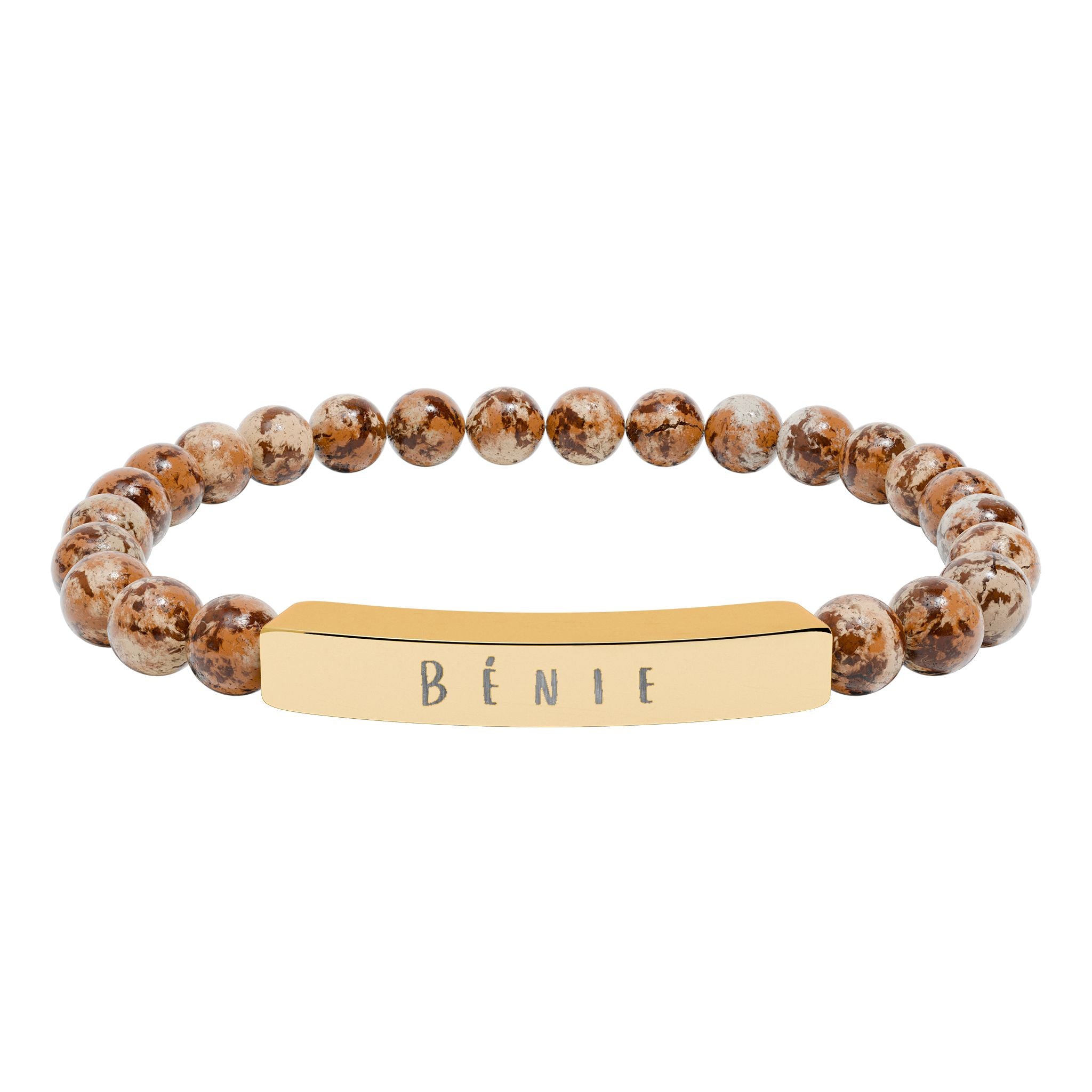 Bénie (Blessed) French beaded Engraved Bar Natural Stone Bracelet, Stretch Bead Bracelet