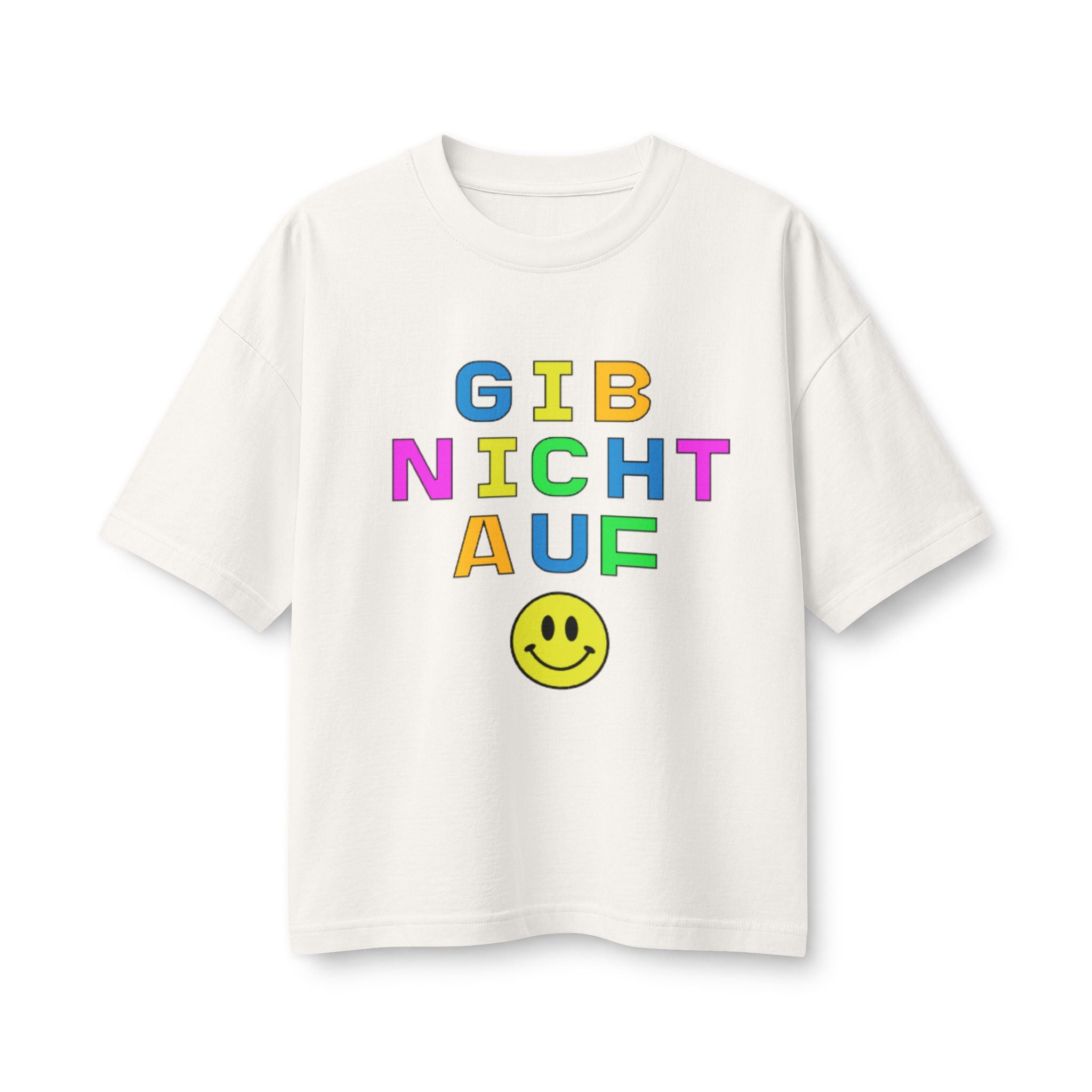 Gib Nicht Auf boxy Tee, Colorful German Motivational Graphic T-Shirt