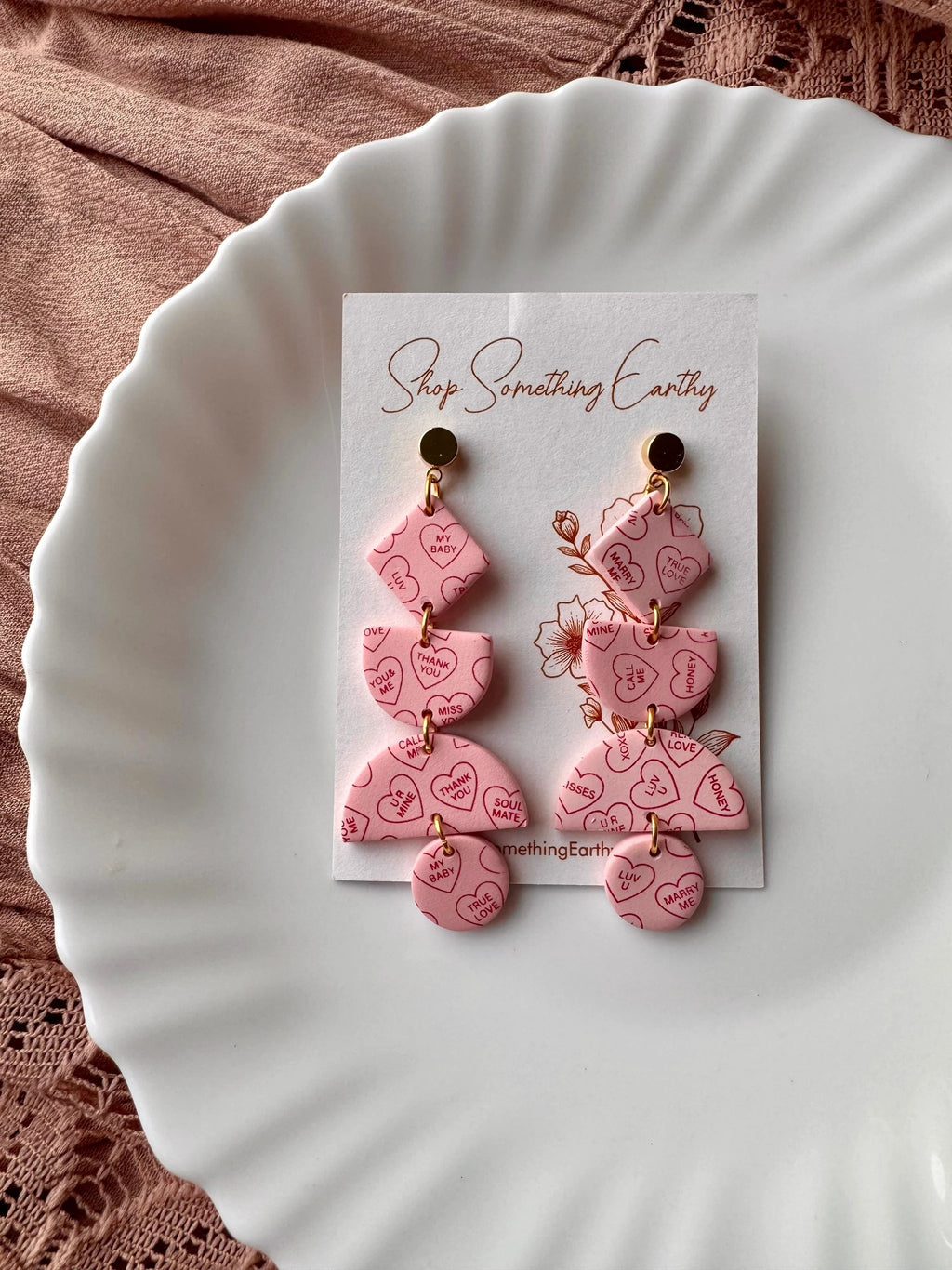 Indie earrings in Pink Conversation Hearts, 14k gold plated & nickel free by Shop Something Earthy