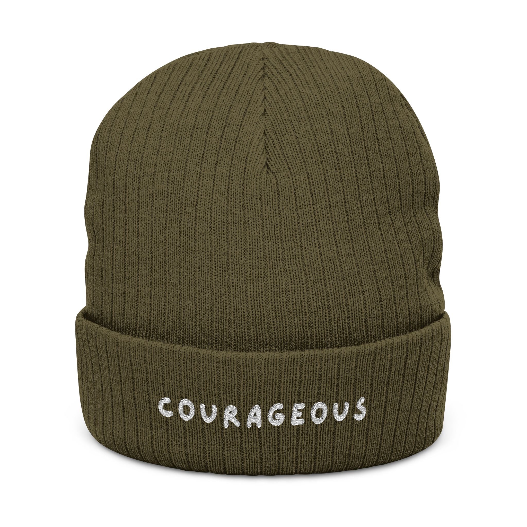 Courageous Embroidered Ribbed Beanie – Cozy Knit Winter Hat with 'COURAGEOUS' Text