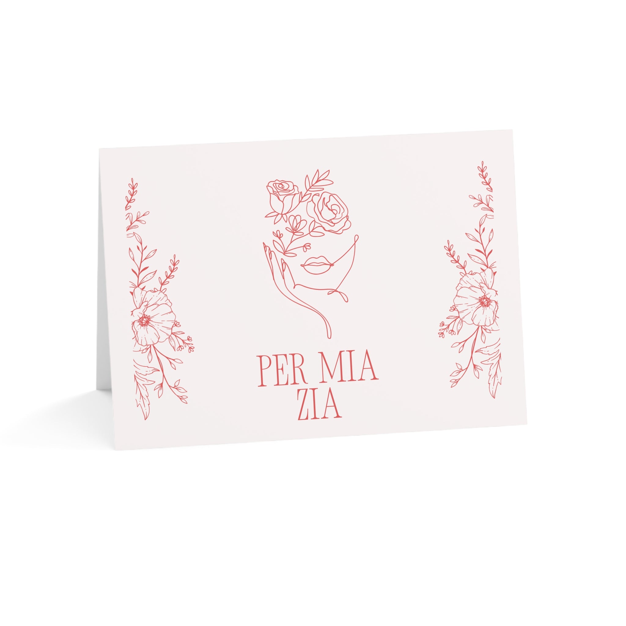 Per Mia Zia Italian Aunt pink Greeting Card, Floral Line Art Card with envelope included, blank inside