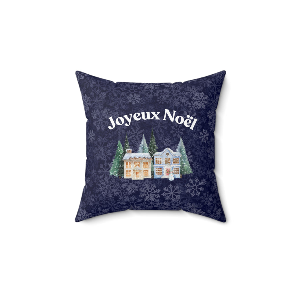Joyeux Noël dark blue Holiday Throw Pillow, Festive Winter Village Décor with snowflake print and cozy winter theme