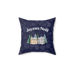 Joyeux Noël dark blue Holiday Throw Pillow, Festive Winter Village Décor with snowflake print and cozy winter theme