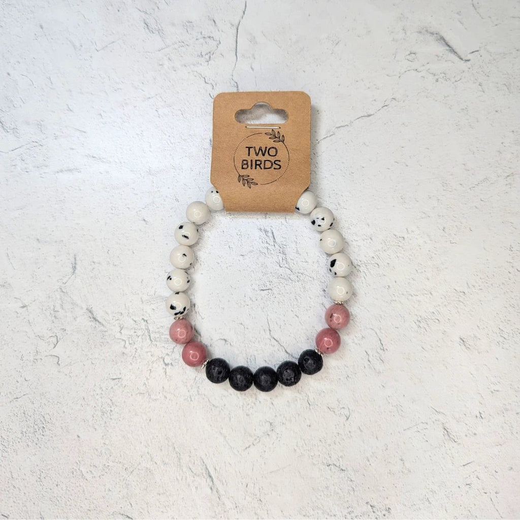 Gemstone Diffuser Bracelet - Dalmatian Jade + Pink Rhodonite + Lava Rock by Two Birds Eco Shop