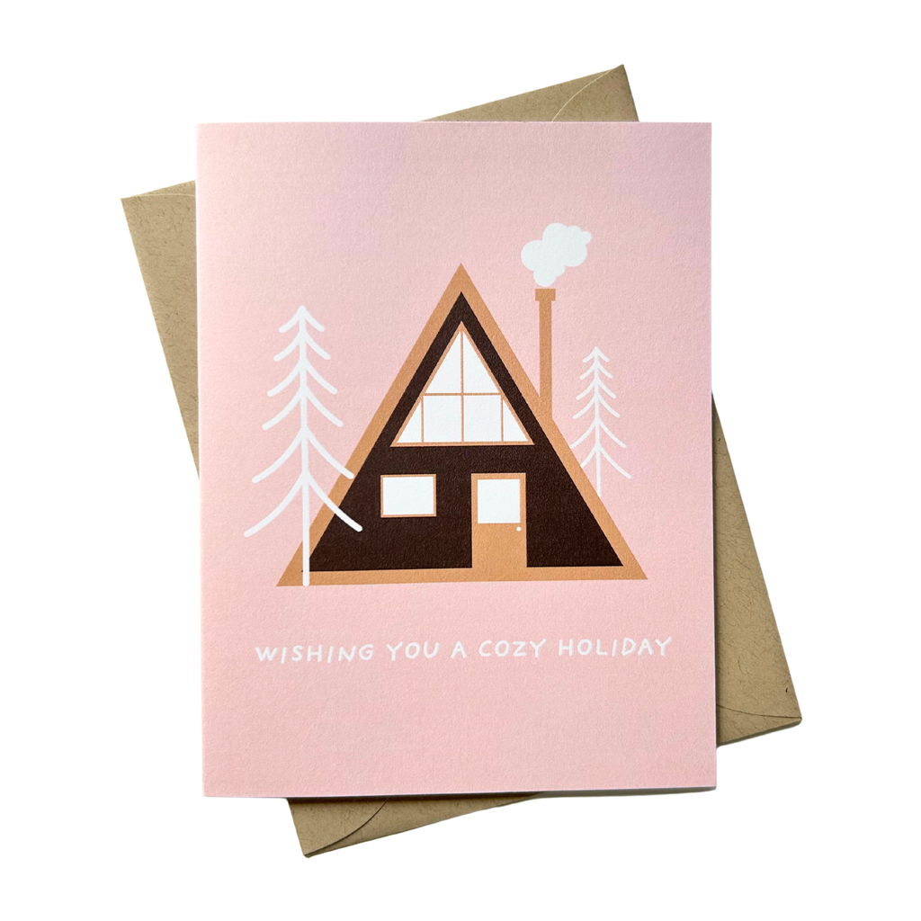 Wishing You a Cozy Holiday Christmas Card – Cute Cabin Winter Scene