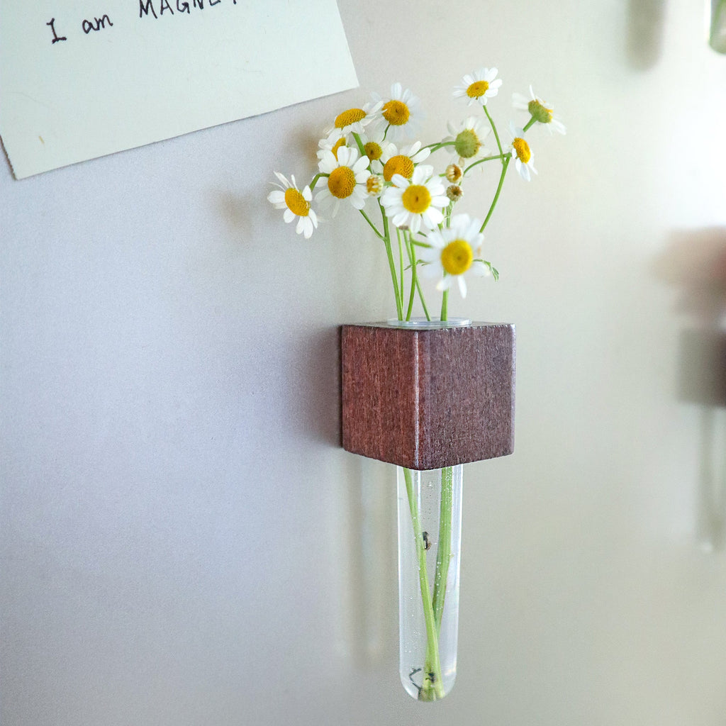 Mini Vase Magnets – Set of 2 – Beech & Walnut Wood – Decorative Fridge Magnets for Small Flowers or Greenery