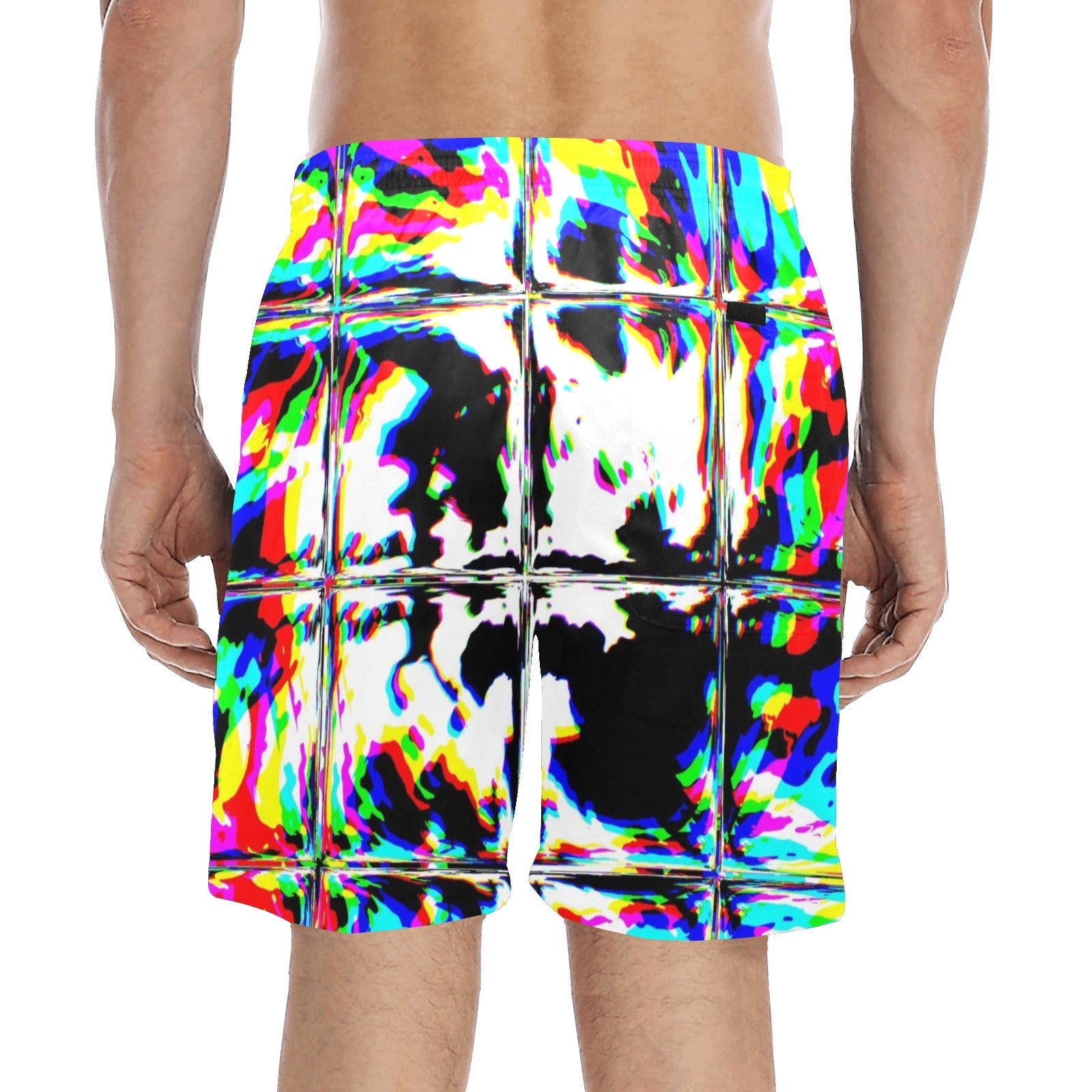 Psychedelic Rave Glitch Tiles Rainbow Plaid Swim Shorts