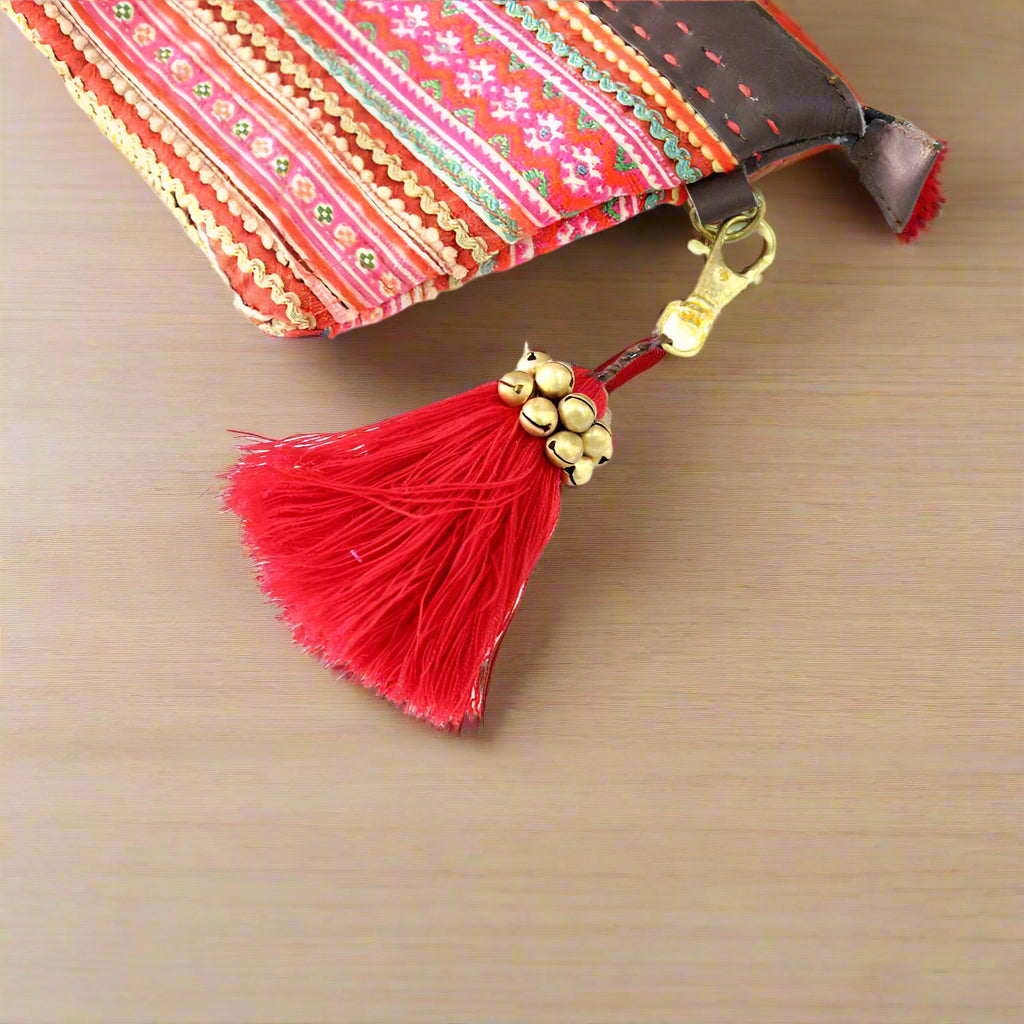 Fair Trade Cotton Tassel Zipper Pull with Bells | Handmade Keychain or Bag Charm from Thailand