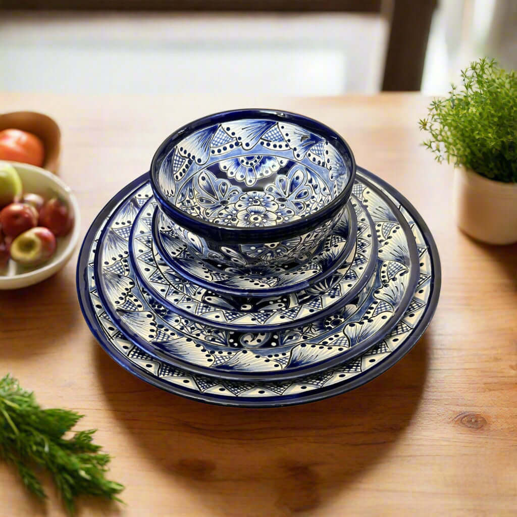 5-Piece Talavera Dinnerware Set | Blue & White Tableware for 1 Talavera Dinnerware Set La Vie Bien 5-Piece Talavera Dinnerware Set | Blue & White Tableware for 1