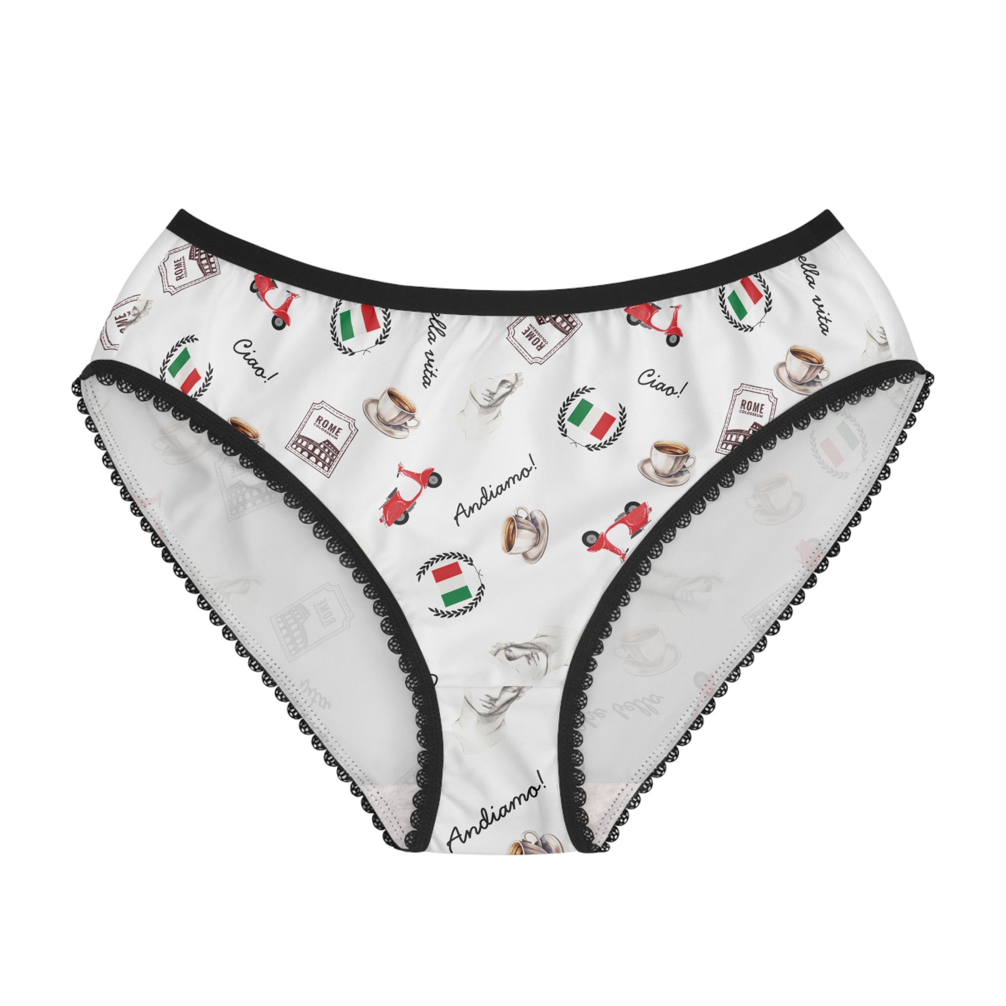 Bella Italiana women's underwear briefs, Italian themed espresso, scooter, flag pattern