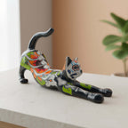 Talavera Stretching Cat Figurine | Mexican Day of the Dead Art