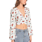 Strawberry print いちご blouse - Women's Deep V-Neck Lantern Sleeve Crop Top