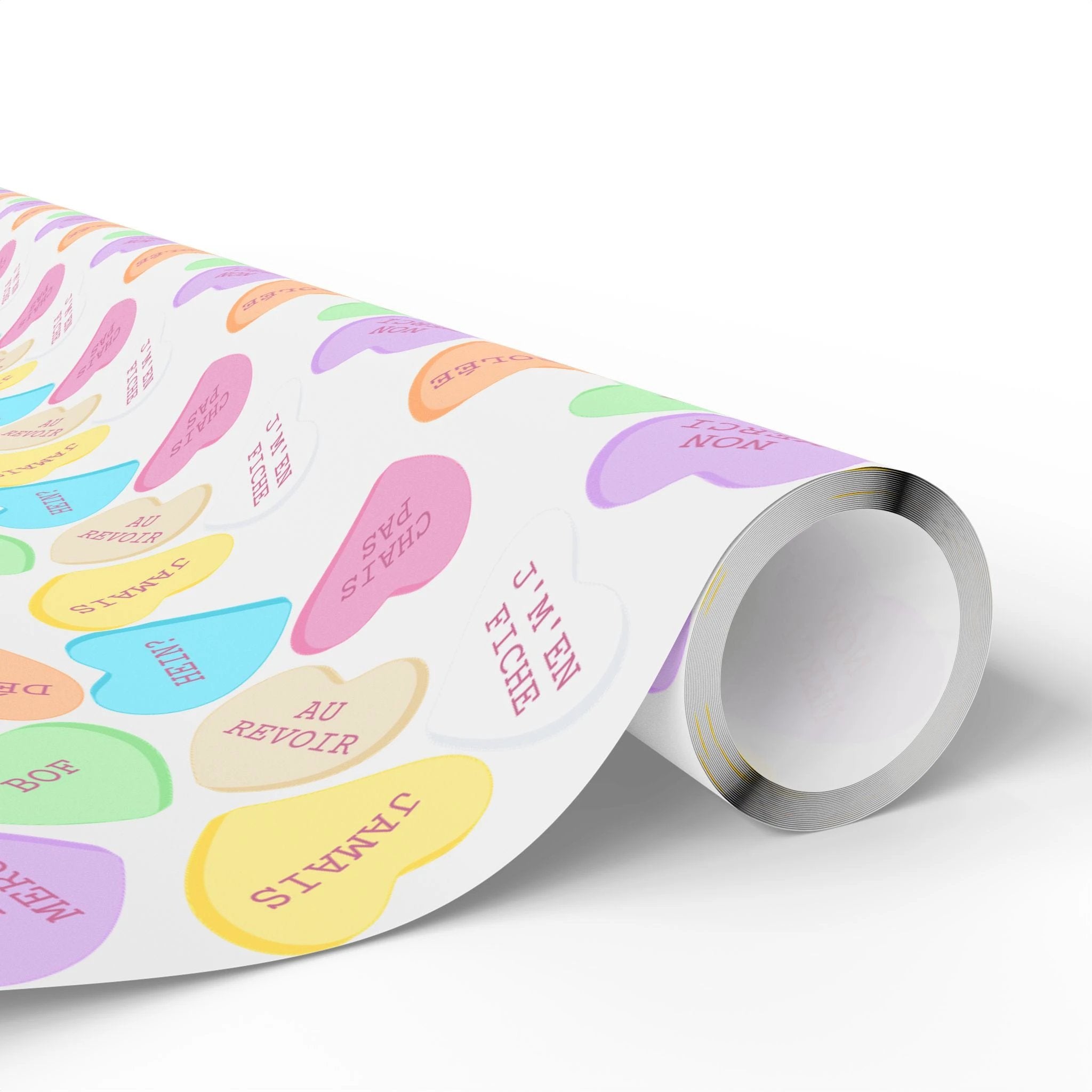Sassy French Conversation candy Heart Wrapping Paper, Pastel Valentine Gift Wrap by Printify